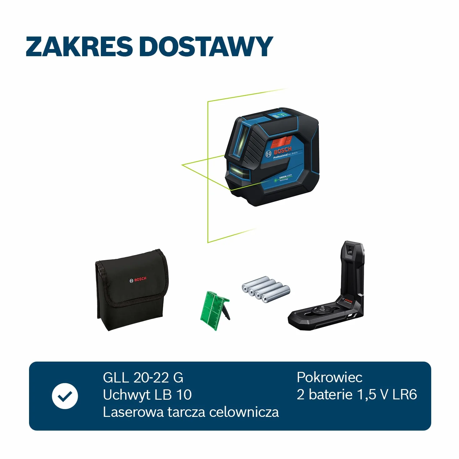 Bosch Professional Laser Liniowy GLL 20-22 G, Uchwyt LB 10, Zielona Wiązka Laserowa, Praca w Pomieszczeniach, Funkcja Dual Power Source, 2 Baterie 1,5 V LR6, Pokrowiec