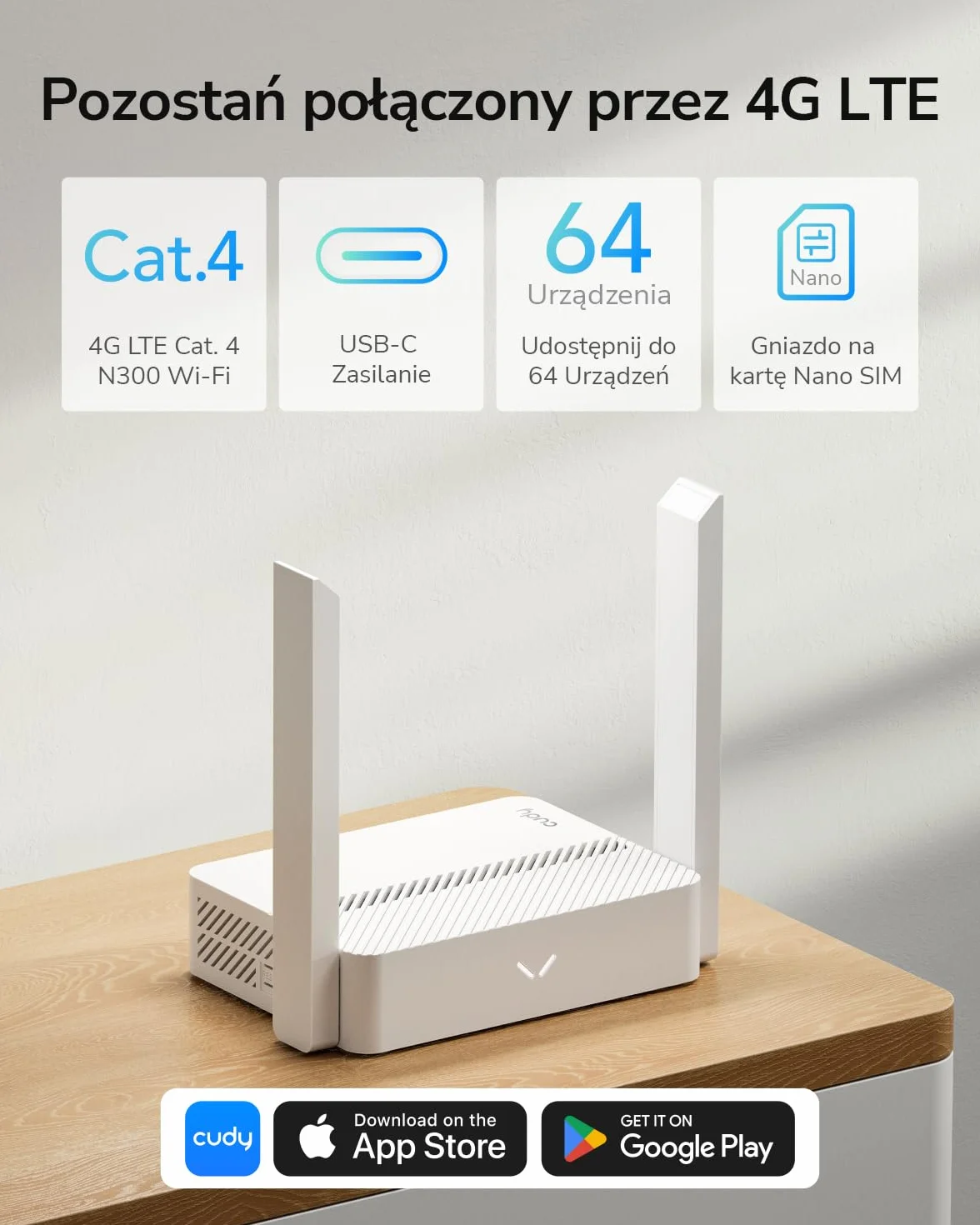Cudy Nowy router WiFi LT300 4G LTE z wejściem zasilania USB-C, router 4G z gniazdem SIM 300 Mb/s, kompatybilny ze wszystkimi operatorami, 2×2 MIMO, nie wymaga konfiguracji, OpenVPN, WireGuard