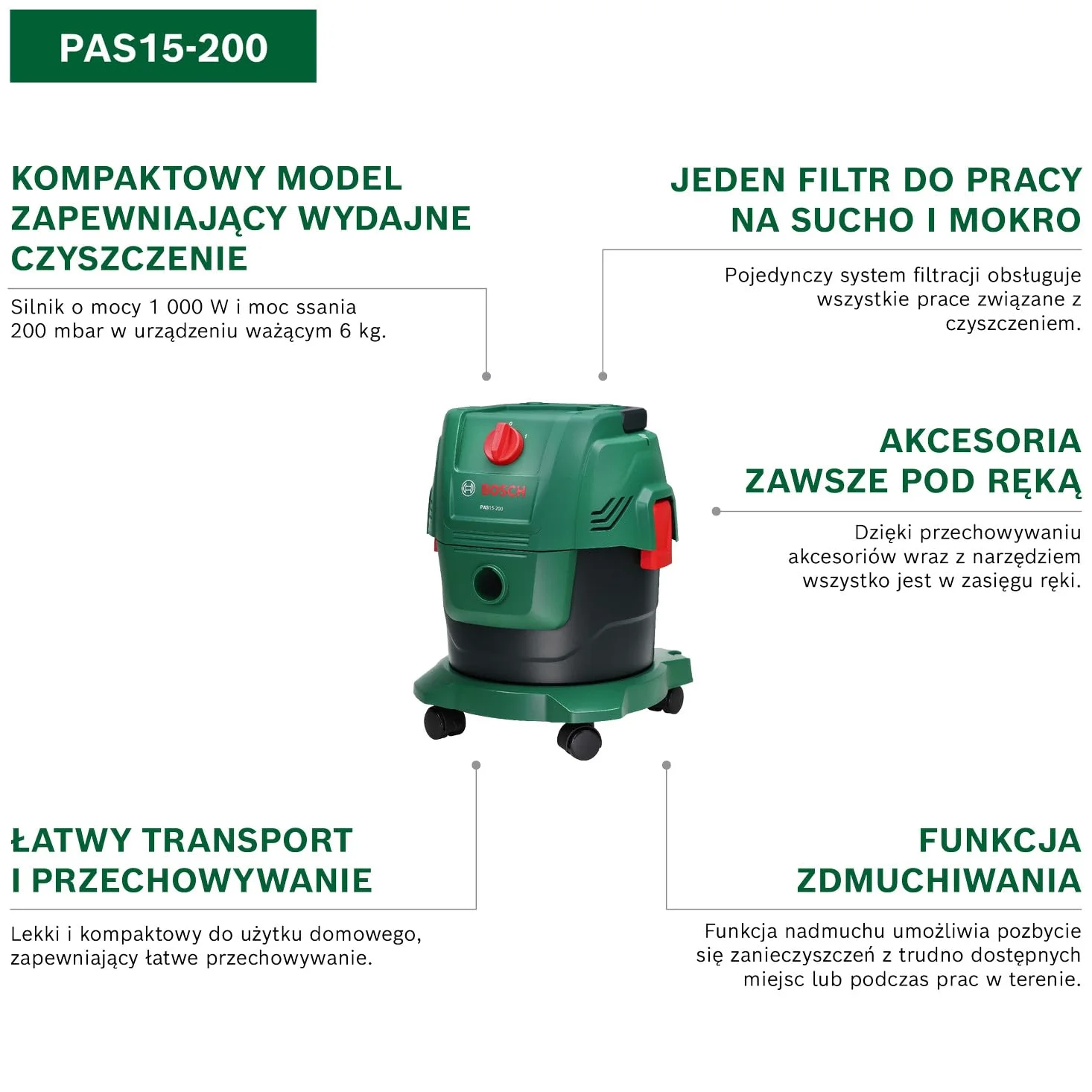 Bosch Odkurzacz do pracy na sucho i mokro Pas15-200 (Rury, Tworzywo Sztuczne, Wąż Odsysający 2,2 M, Uchwyt/Kolanko, Dysza Do Podłóg I Dysza Do Fug, Worek Papierowy, Fsc, Filtr Kartridżowy)