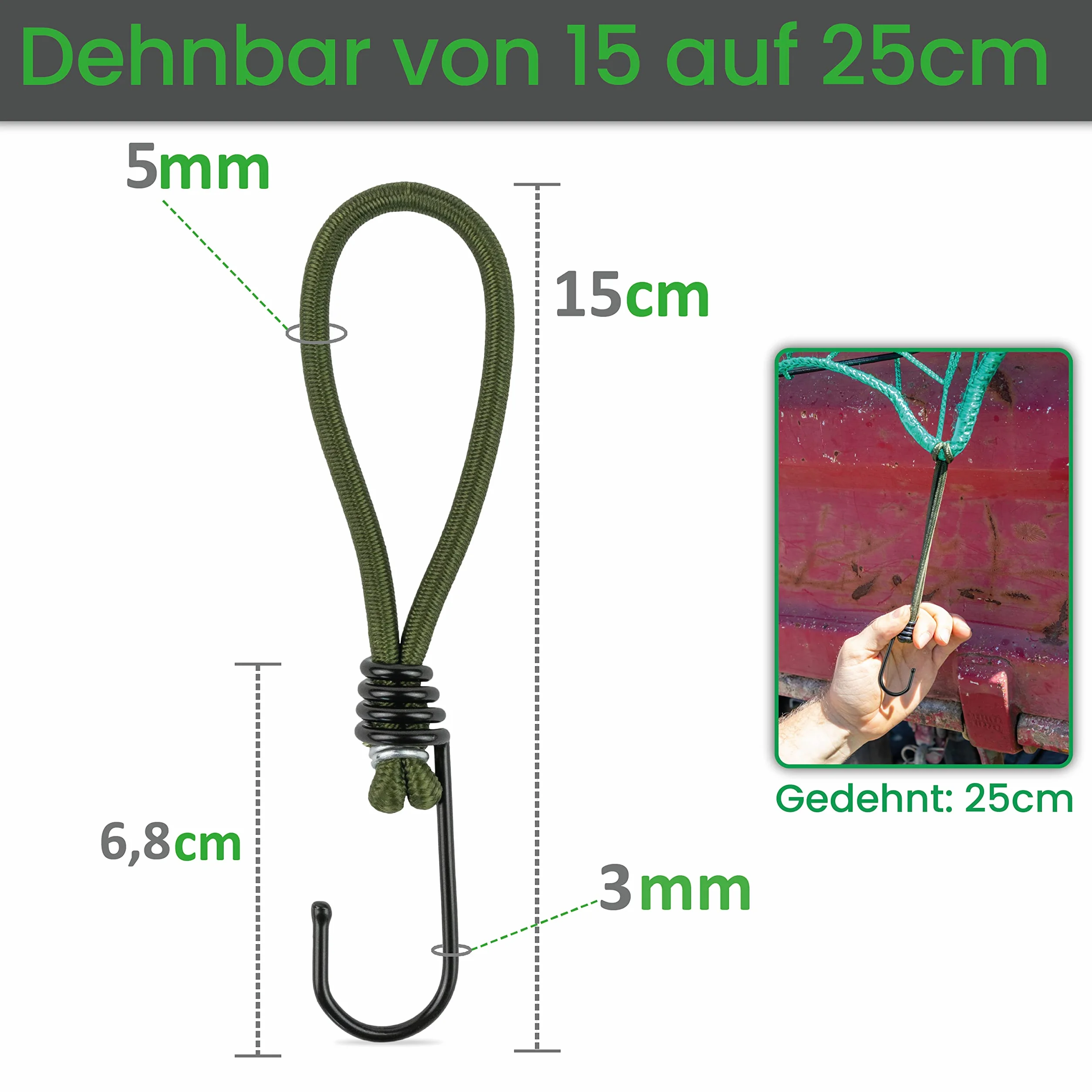 CargoVA® – 20 gumek napinających z haczykami i praktyczną torbą – haczyki ekspanderowe do plandek i siatek, oliwkowa zieleń, 15 cm [20 sztuk]
