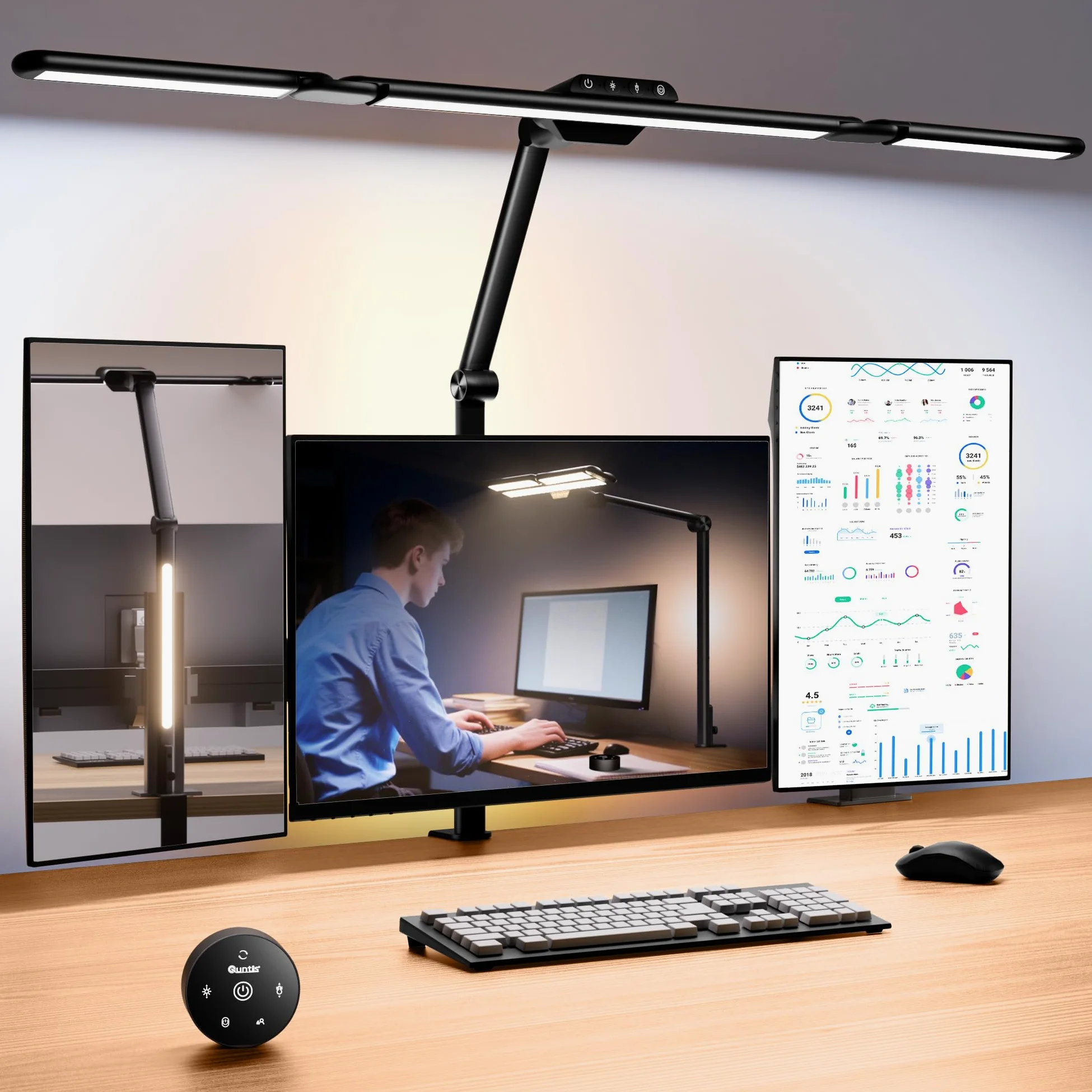 Quntis 82,5 cm Lampa biurkowa LED z potrójnym źródłem światła, podświetleniem i czujnikiem radarowym, 24 W Lampa stołowa z dotykowym sterowaniem i pilotem, z funkcją ściemniania