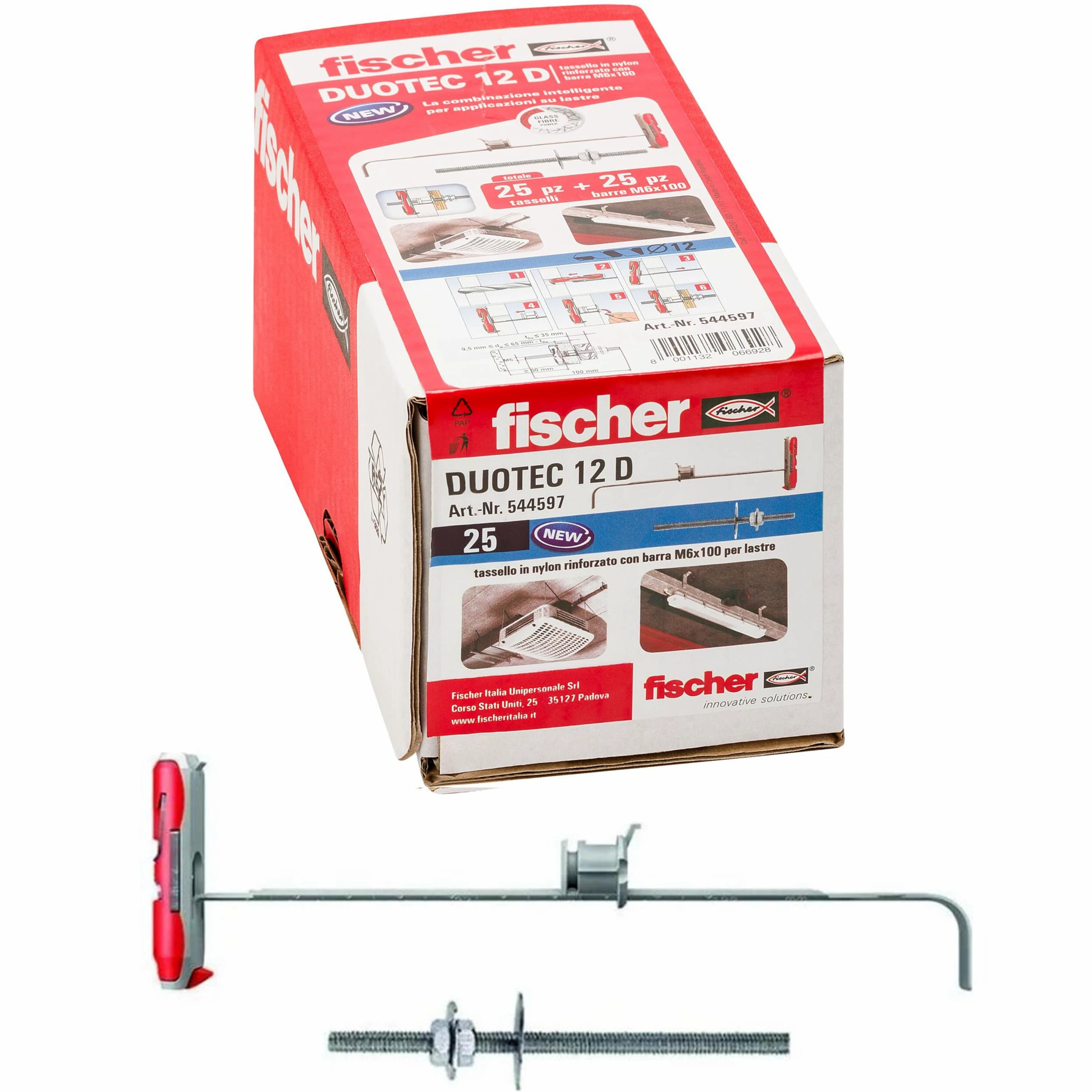 Fischer 544597 Kołek rozporowy do płyt gipsowo-kartonowych Duotec 12 z drążkiem M6, szary, 12 mm Con Vite