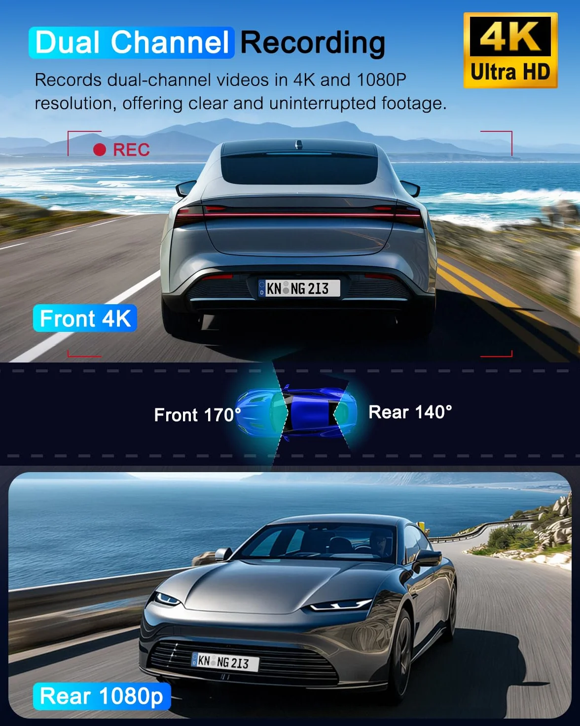 kamera samochodowa przód tył 4K+1080P z filtrem CPL,Kamera samochodowa obracana o 360°,karta SD 64 G,5GHz WiFi Dash Cam, ekran 3,69",170°+140°,czujnik G,nagrywanie w pętli,monitorowanie parkowania