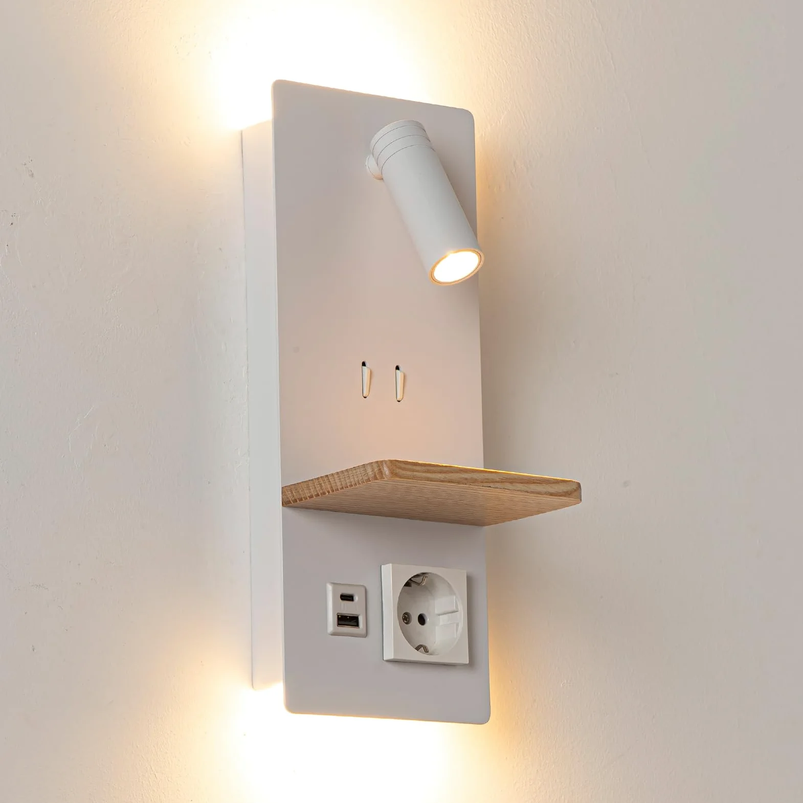 Alpinaluz Lampa ścienna z obrotowym światłem do czytania LED 3W i światłem otoczenia 6W (2800K), portami ładowania USB-C i USB-A, wtyczką Schuko i drewnianą tacą do sypialni i zagłówka