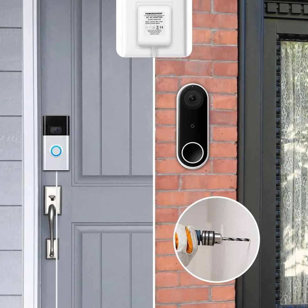 Transformator dzwonka do drzwi, 24 V, 500 mA, transformator, wideo-dzwonek do drzwi, zasilacz do większości wersji Ring Doorbell, kabel o długości 8 m (315")