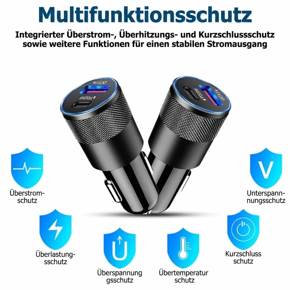 2 sztuki zapalniczki samochodowej USB C, mini ładowarka samochodowa z PD 20 W i QC 18 W, podwójny port USB-C + USB-A, aluminiowa obudowa, 12 V/24 V adapter samochodowy do telefonu komórkowego