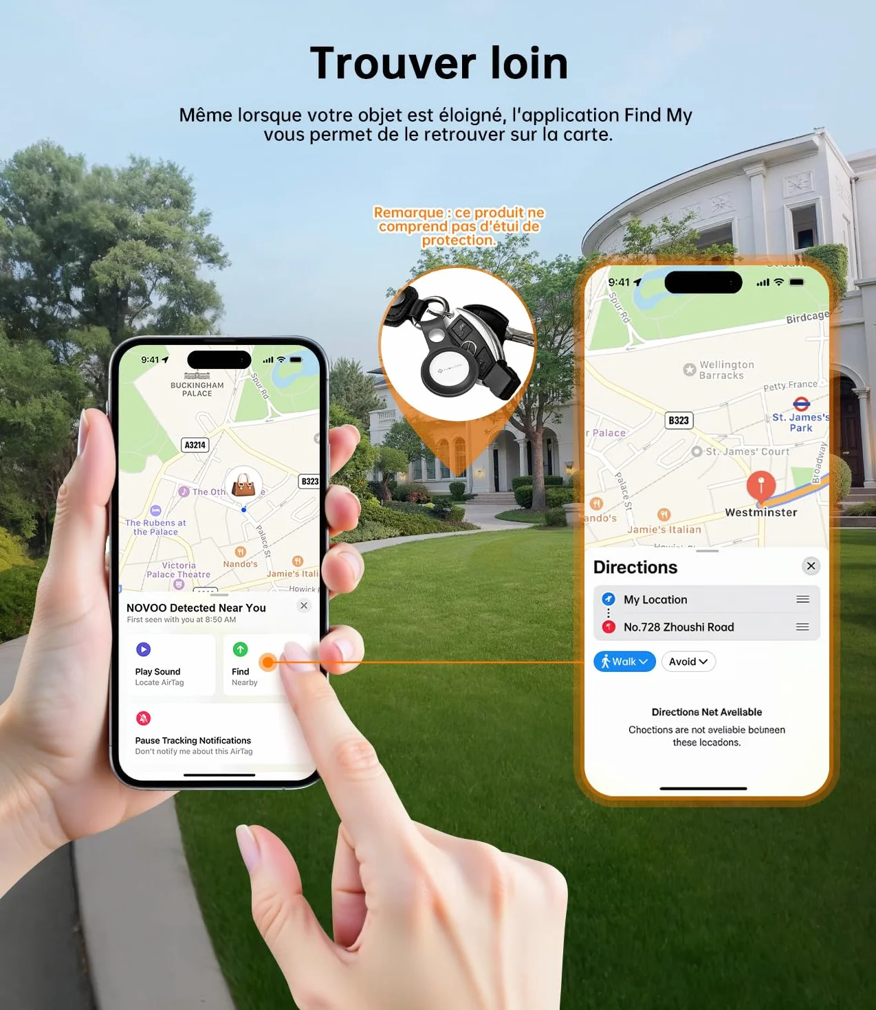 NOVOO Inteligentny tag Bluetooth kompatybilny z Apple & Google Find My, alarm 80dB, wodoodporny IPX5, wymienna bateria