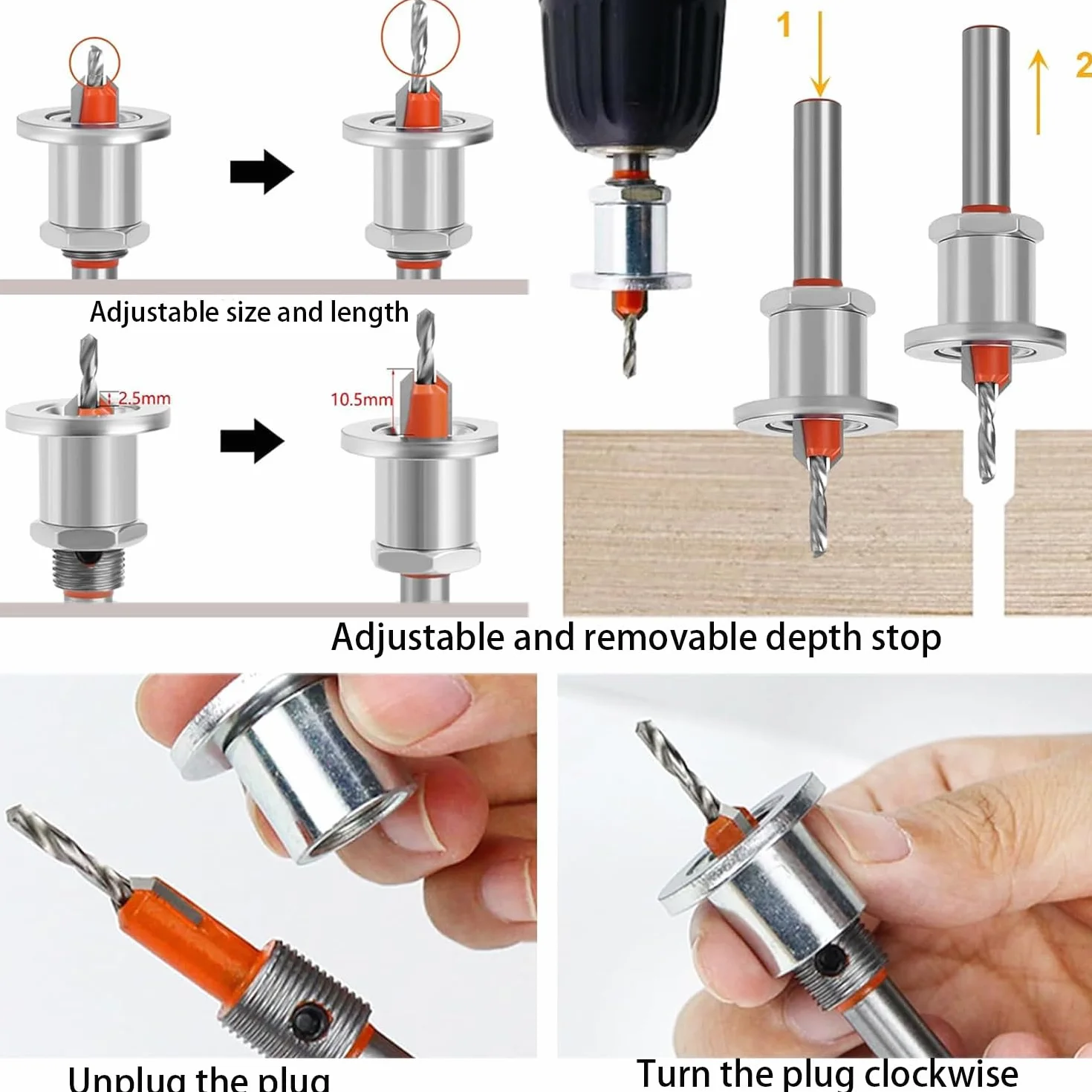 2 x zestaw wierteł stożkowych 8 mm z ogranicznikiem głębokości, wiertło do wiertła 2,8-3,2 mm z kluczem sześciokątnym i śrubami do drewna i tworzywa sztucznego