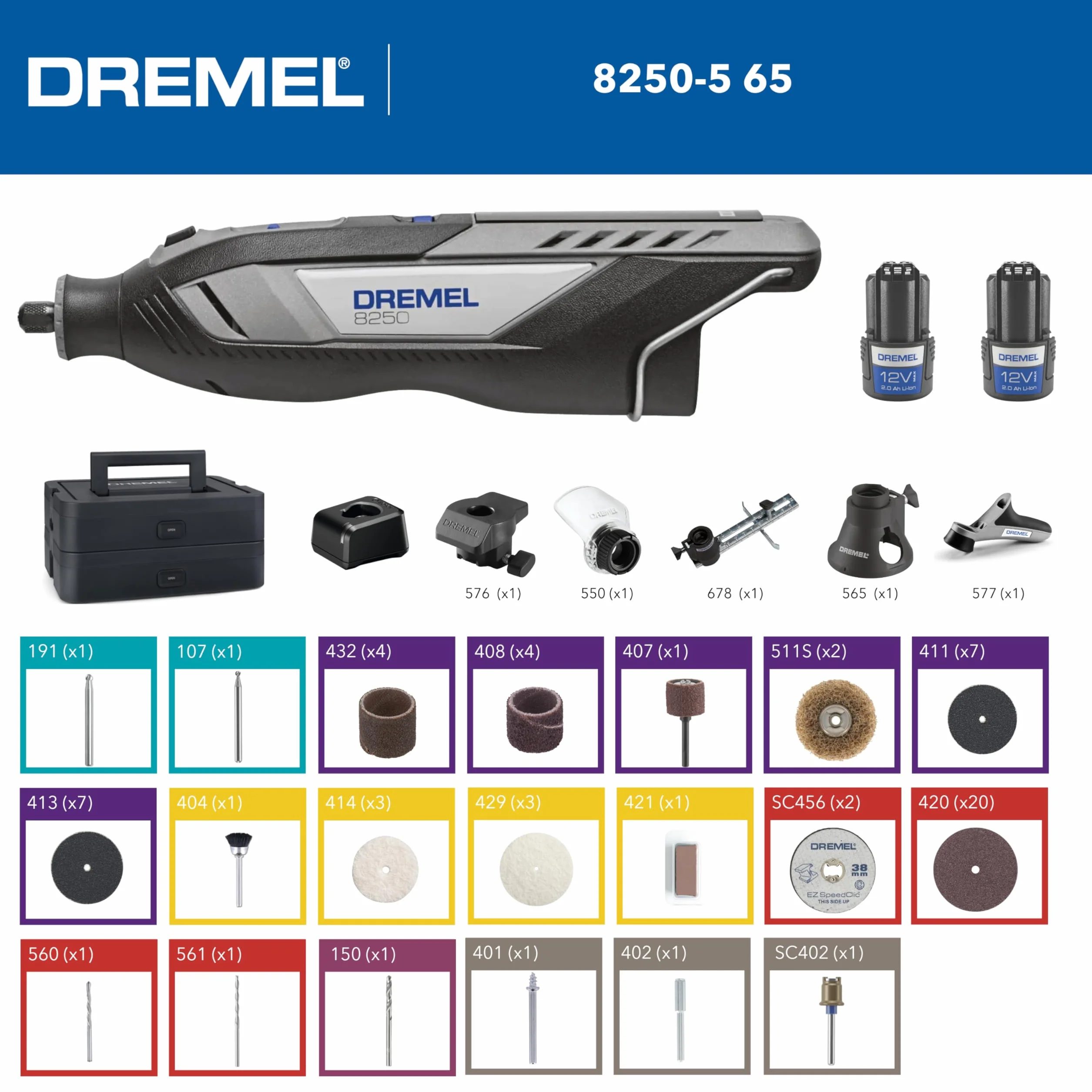 Dremel 8250 12V akumulatorowe narzędzie obrotowe 5000–30 000 obr./min Bezszczotkowe narzędzie wielofunkcyjne w zestawie z pudełkiem Dremel, 65 akcesoriami, 5 nasadkami