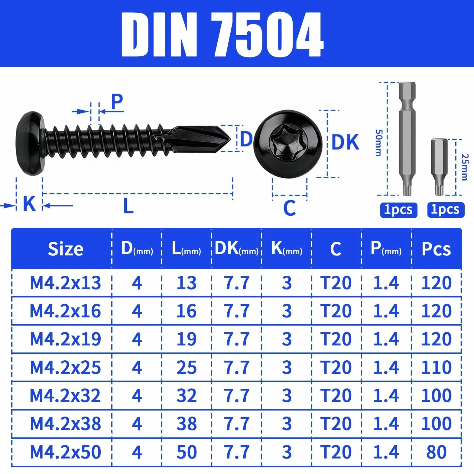 100 sztuk wkrętów Torx ze stali nierdzewnej, z łbem soczewkowym, samowiercące wkręty M4,2x38 mm, samogwintujące wkręty ze stali nierdzewnej 410, czarne, wkręty do blachy DIN 7504, wkręty do
