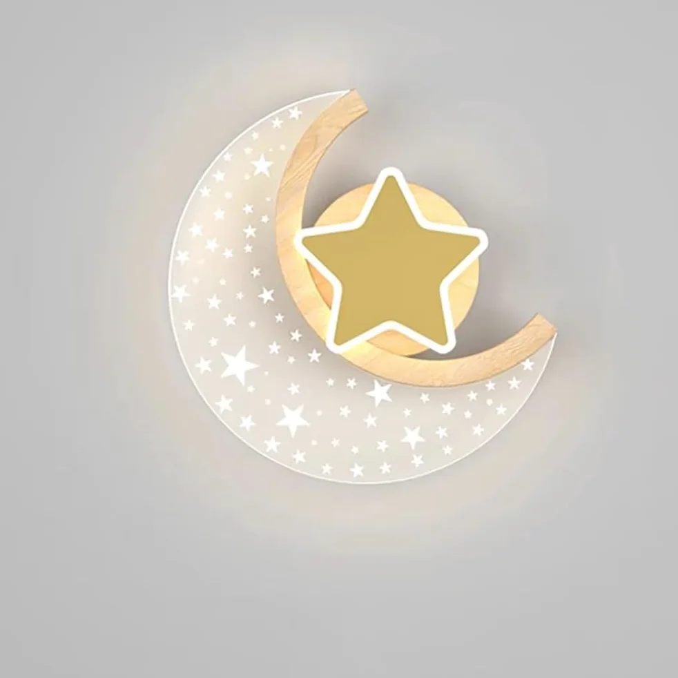 Kinkiet Dziecięcy Księżyc, Kinkiet Led Do Wnętrz Wygląd Drewna, 12w Nowoczesna Lampka Nocna W Gwiazdy I Księżyc, 3 Temperatury Barwowe Lampka Dziecięca Do Pokoju Chłopca I Dziewczynki