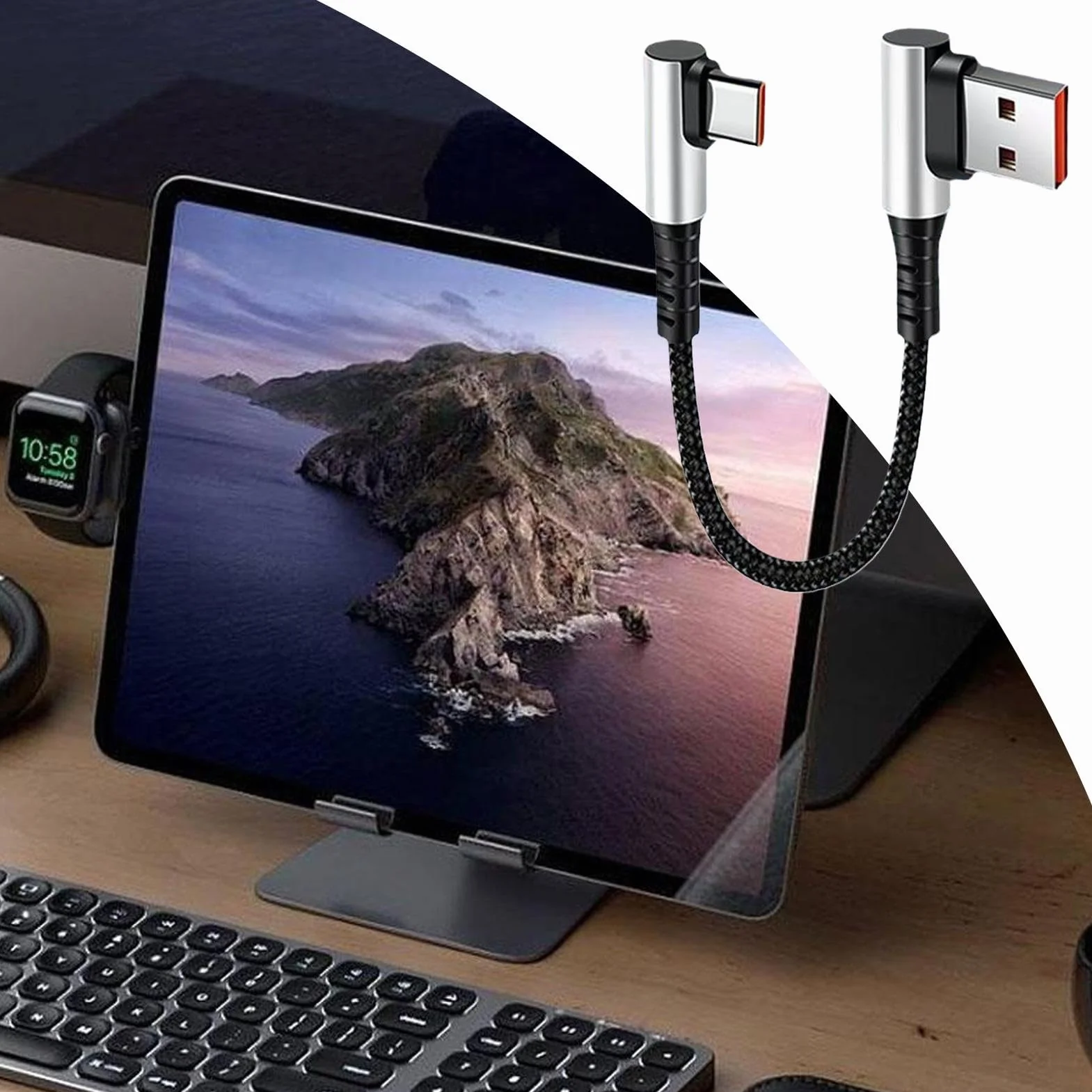 Krótki przewód USB, przewód USB C, Krótki kabel ?aduj?cy 90 stopni typu C Przewód adapterowy, Kabel do szybkiego ?adowania C Cord 6A, k?towy, do komputera i telefonu