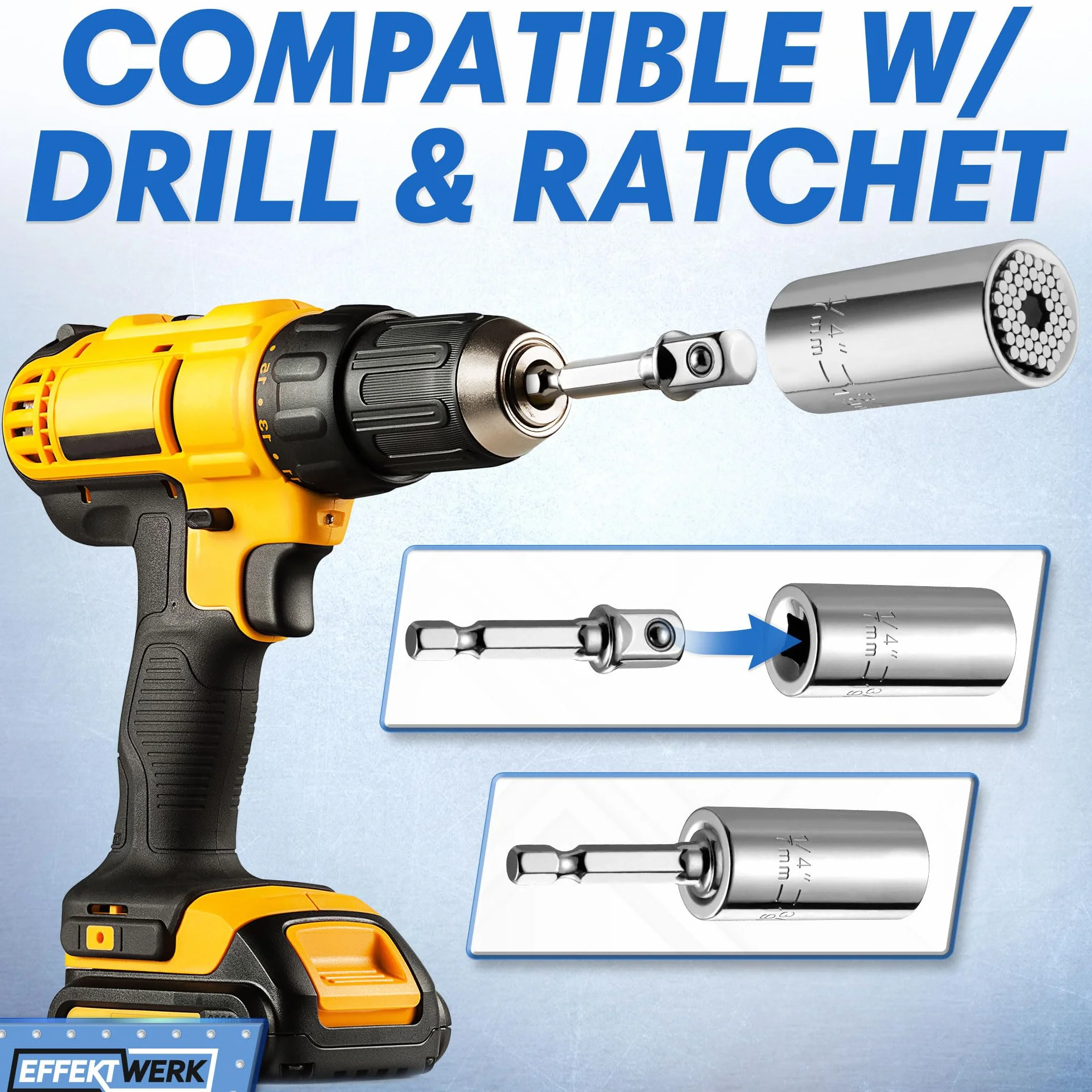 Universal Socket Tool w/Power Drill Adapter - Multifunctional Socket Adapter Set - Heavy-Duty w/ 54-Pin Spring Loaded Mechanism & CR-V Steel