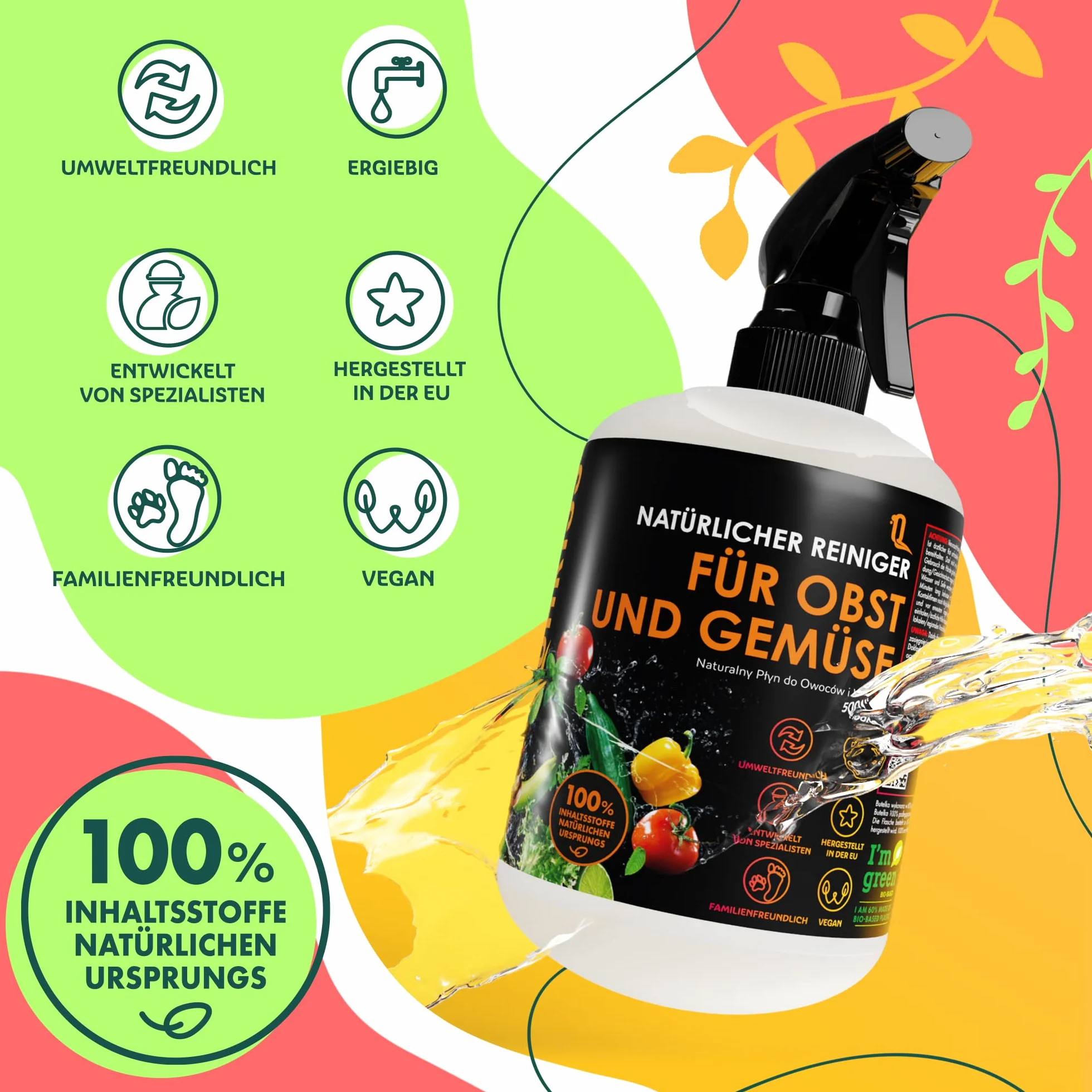Natural Fruit and Vegetable Cleaner - Vegan Vegetable Cleaner Fruit Cleaner - Usuwa kurz woskowy i inne zanieczyszczenia - 500ml