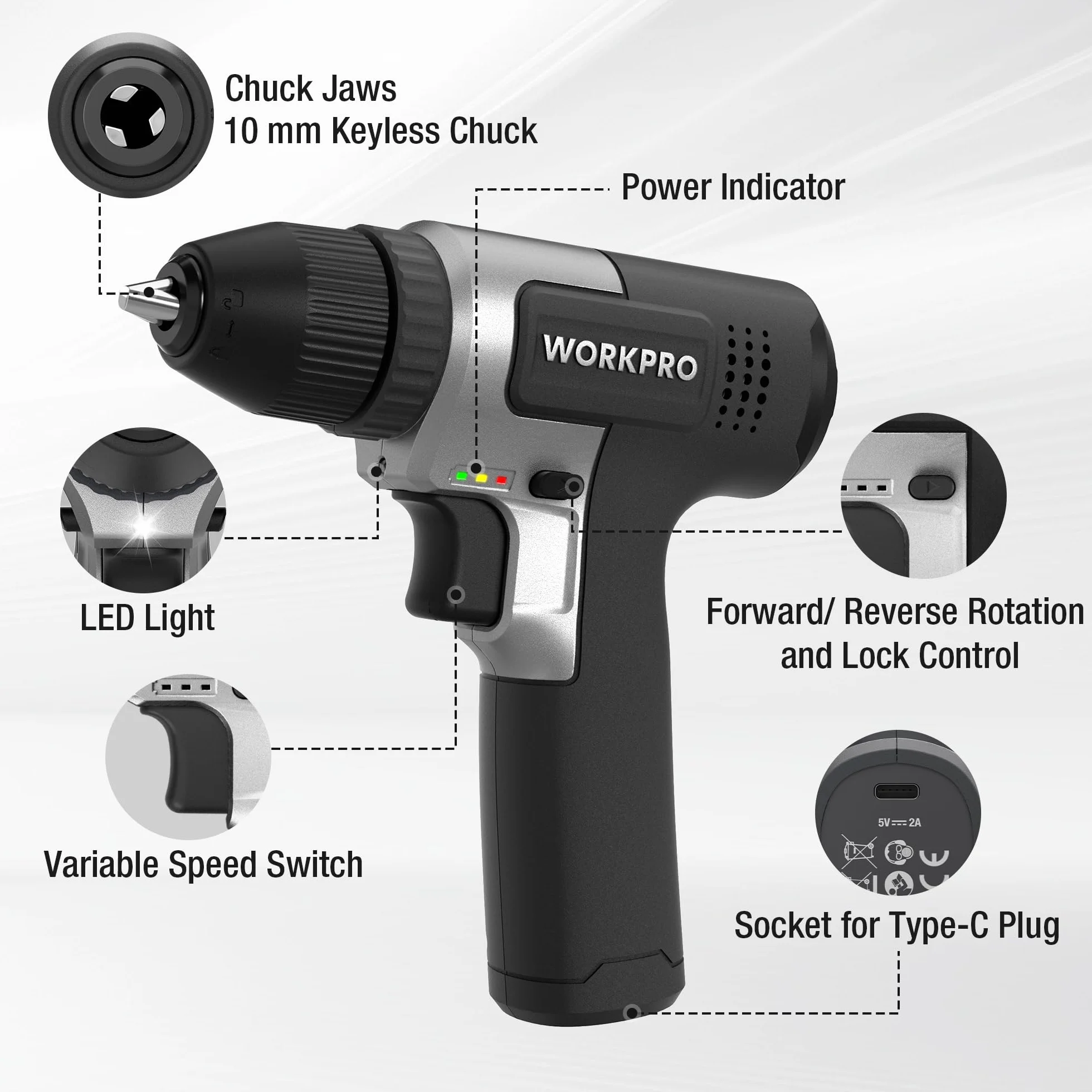 WORKPRO Zestaw wkrętarek akumulatorowych 8 V (czarny)