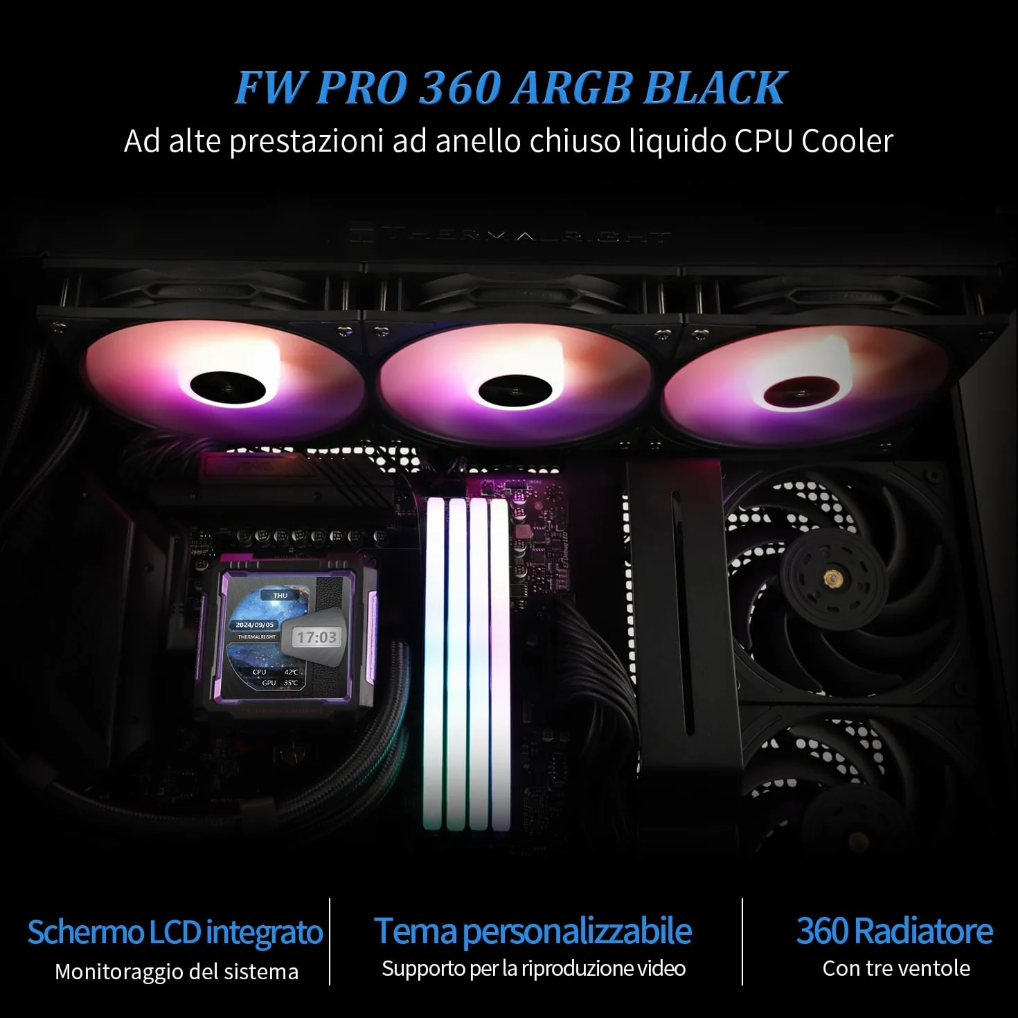 TR FW PRO 360 ARGB czarny CPU AIO Cooler IPS LCD ekran 320x320 2,73" chłodzenie wodą do AM5 Intel 1700/1851