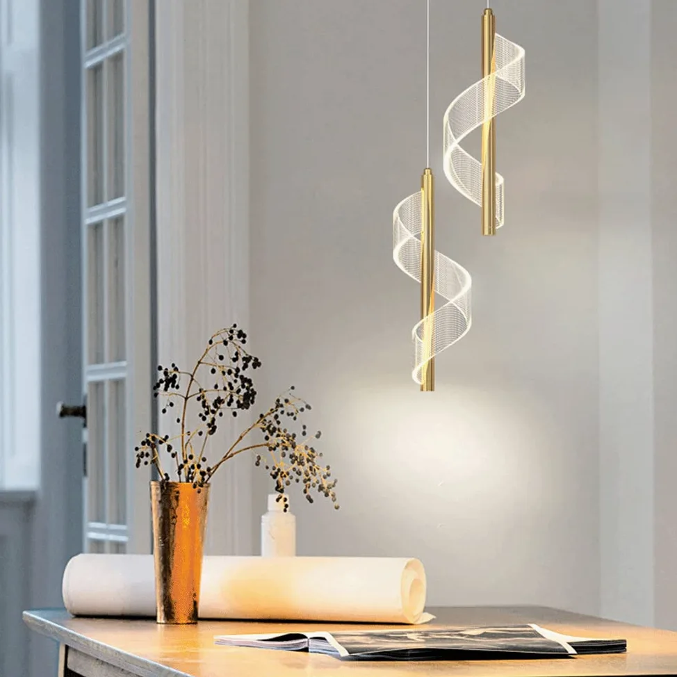 Złota spiralna lampa wisząca, mini lampka nocna wisząca, nowoczesny żyrandol LED, aluminiowe długie lampy wiszące ze skręconym akrylowym kloszem, 3 tryby kolorów oświetlenia Drop Lights