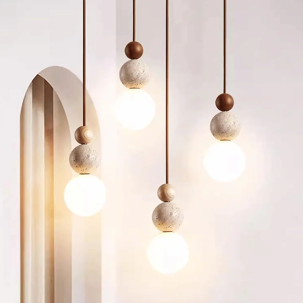 Lampa wisząca, kamienna lampa wisząca Wabi Sabi w stylu japońskim żółty trawertyn lampa wisząca regulowana drewniana kuchnia wyspa oprawa oświetleniowa Mini Globe szklane oświetlenie wiszące do sypial