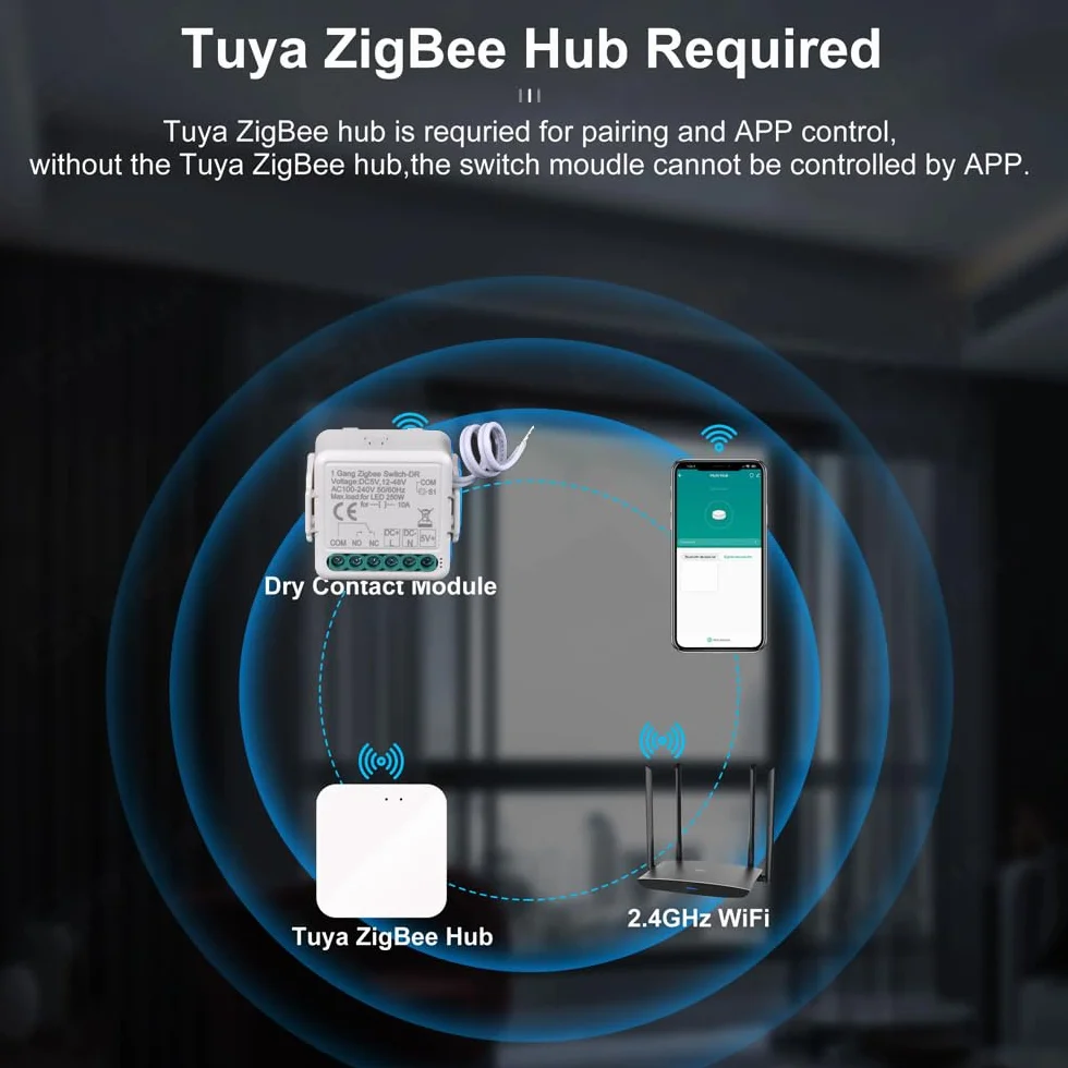 ZigBee inteligentny bezprzewodowy moduł przekaźnikowy z przełącznikiem stykowym na sucho, DC 12/24 V AC 100-240 V, kompatybilny z Alexa Google (1)