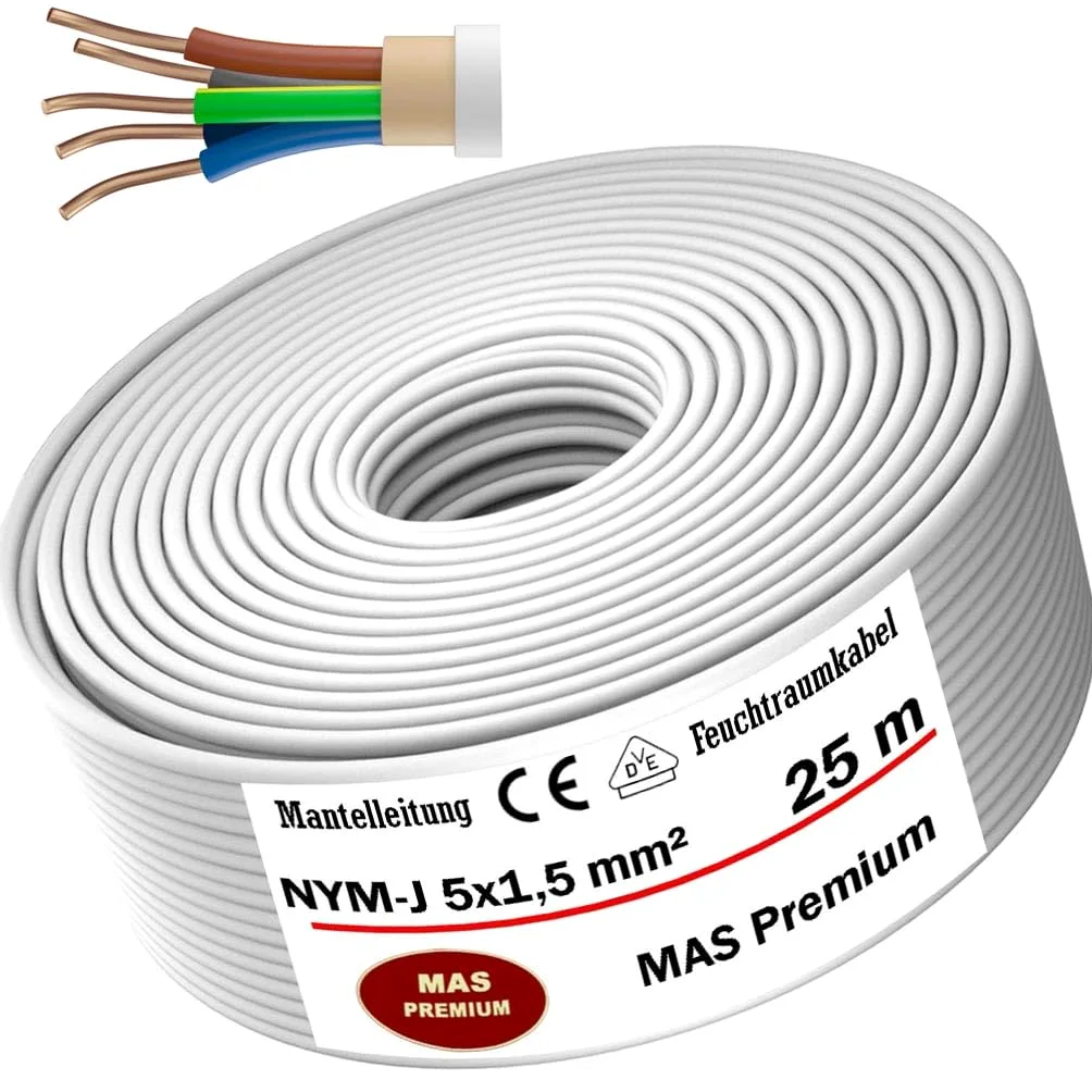 MAS Premium Kabel zasilający do wilgotnych pomieszczeń, kabel zasilający 5-170 m, przewód płaszczowy NYM-J 5 x 1,5, 2,5, 4, 6, 10 lub 16 kabel elektryczny pierścień do stałego układania (NYM-J 5 x 1,5
