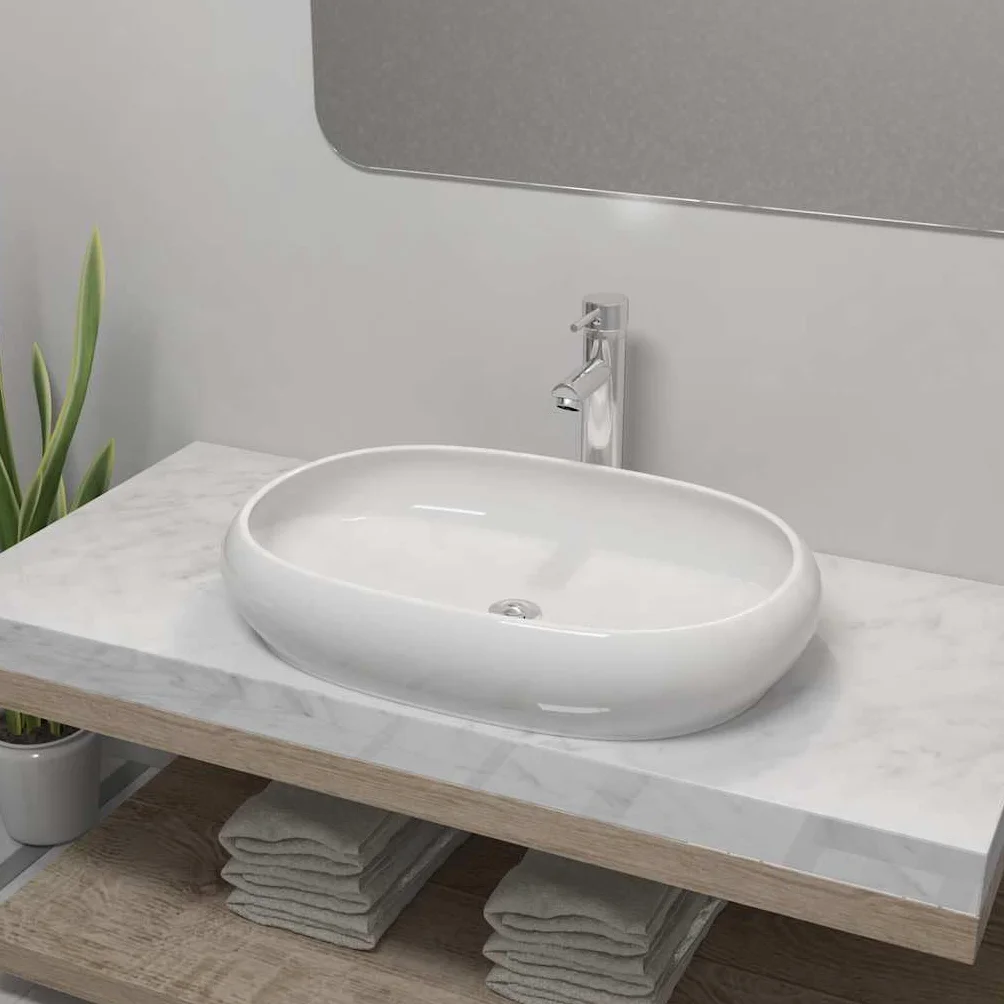 Owalna umywalka ceramiczna biała z chromowaną baterią mieszającą, umywalka nablatowa dla gości, umywalka do rąk, mała umywalka stojąca, akcesoria montażowe, nowoczesna łazienka