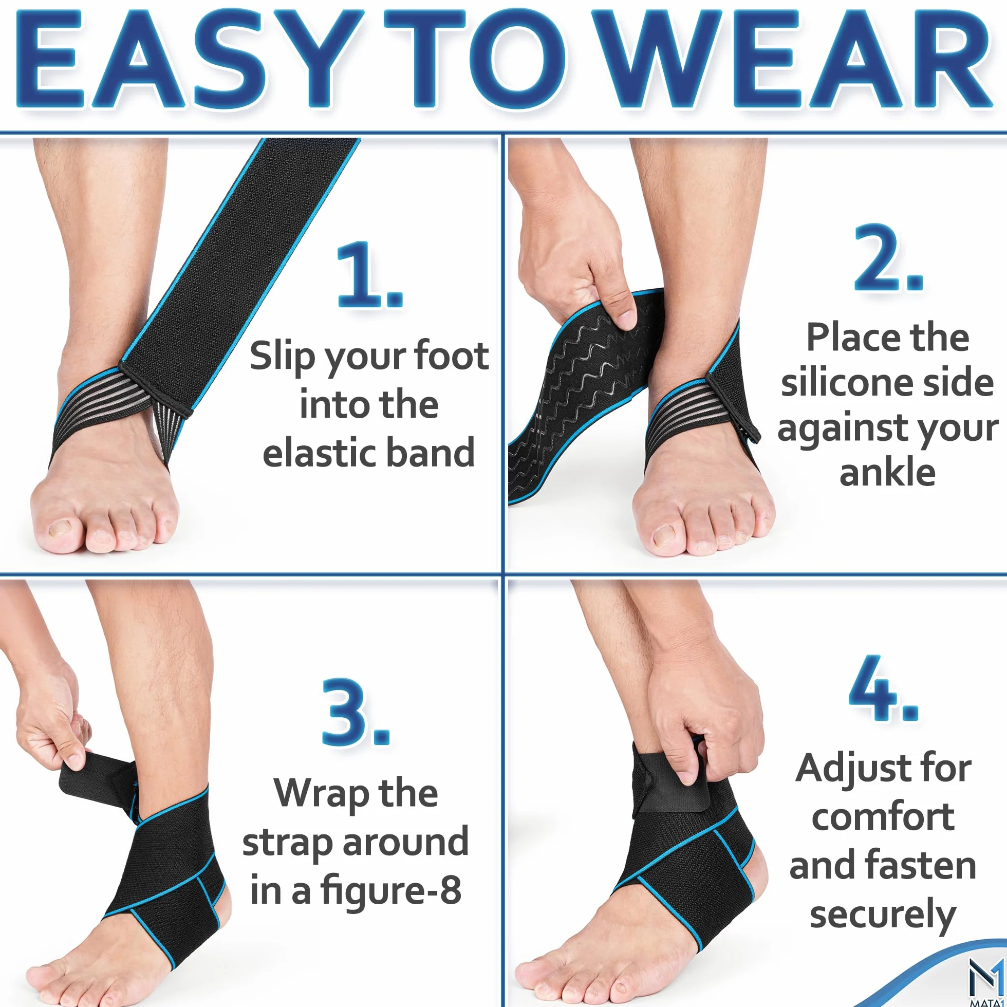 Ankle Brace for Men and Women - Black/Blue - Foot Wrap for Plantar Fasciitis, Sprain, Achilles and Tendonitis Support - Adjustable Compression Sleeve