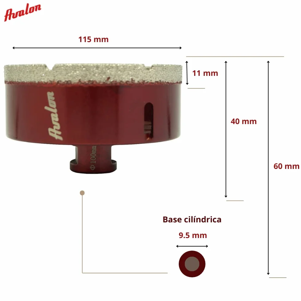 Cylindryczne wiertło diamentowe do szlifierki metrycznej M14 Avalon 115 mm Wiercenie na sucho płytek, porcelanowe, marmuru, kamionki, ceramiki, granitu