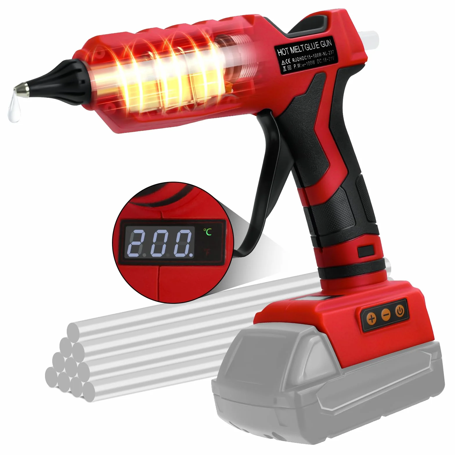 Bezprzewodowy pistolet do klejenia na gorąco 100 W, do baterii Milwaukee 18 V, elektryczny pistolet do klejenia wysokotemperaturowego z 10 sztukami 11 mm, do samodzielnego montażu, prac artystycznych
