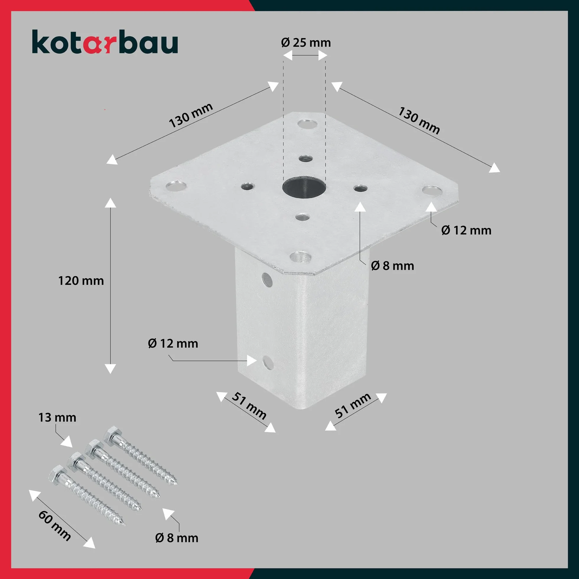 KOTARBAU® Podstawa Słupa Drewnianego Przykręcana - 50 x 50 mm - Kotwa do Ogrodzeń - Wspornik do Słupka do Wiaty Altany