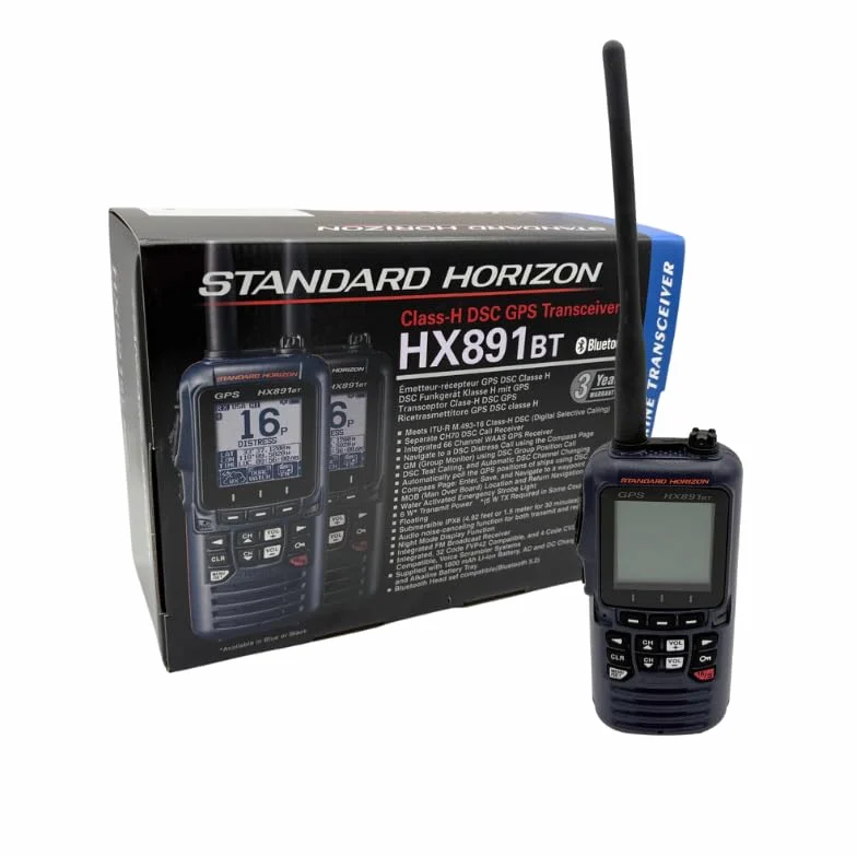 Standard Horizon HX891BT/E pływające radio morskie VHF, 6 W, nawigacja GPS, wodoodporność IPX8, Bluetooth (granatowe)