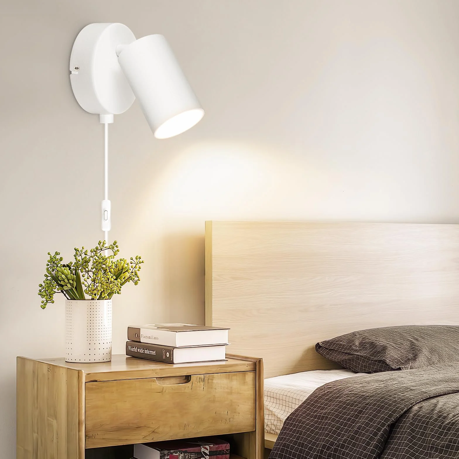 Lampa ścienna z przełącznikiem wewnętrznym GU10 – lampa ścienna z przełącznikiem i wtyczką, biała, reflektor ścienny w stylu vintage, obrotowy o 350°, do salonu, sypialni, korytarza, bez źródła