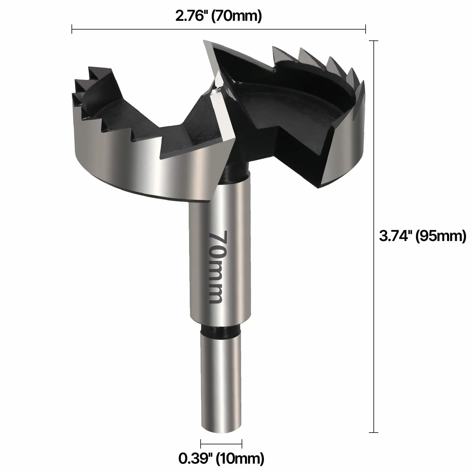 Wiertło Forstner 70 mm, wielozębne wiertło do drewna ze stali o wysokiej zawartości węgla z okrągłym trzonkiem, wiertło do drewna, litego drewna, MDF, tworzywa sztucznego, płyt wiórowych,