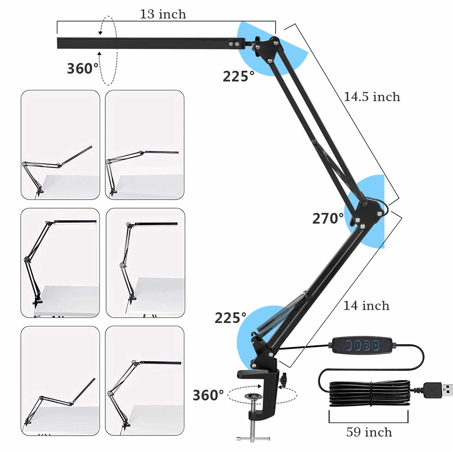 SKYLEO Lampka Biurkowa LED z Klipsem - Lampka LED Chroniąca Oczy - Regulowane Pod Wieloma Kątami światło Robocze - 3 Tryby świecenia X 10 Poziomów Jasności - Czarna