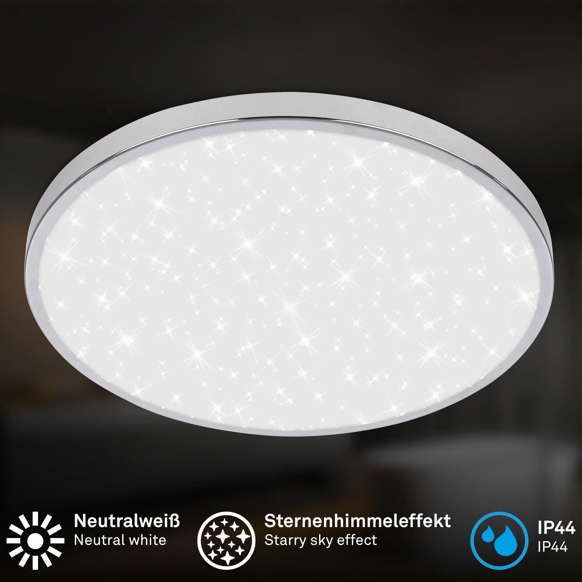 BRILONER - Lampa sufitowa LED łazienkowa ze światłem pośrednim, stopień ochrony przed bryzgami wody IP44, neutralna biała barwa światła, lampa łazienkowa, lampa kuchenna, 33 x 6 cm, chrom