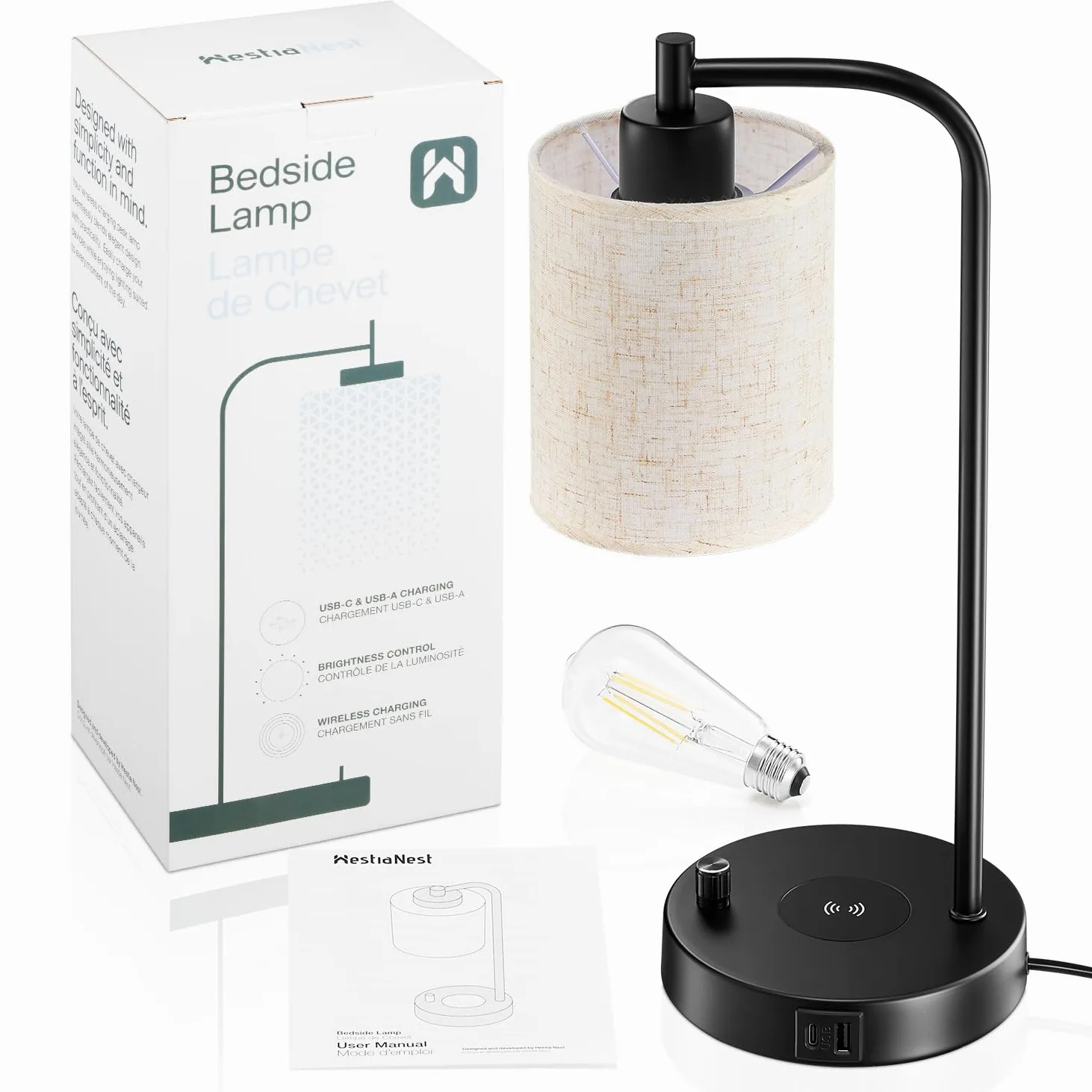 Lampka nocna LED z ładowarką indukcyjną i portami ładowania USB-C+A, ściemniana, lampka nocna LED do sypialni z ściemniaczem, idealna na stolik nocny, lniany klosz, bezprzewodowa ładowarka