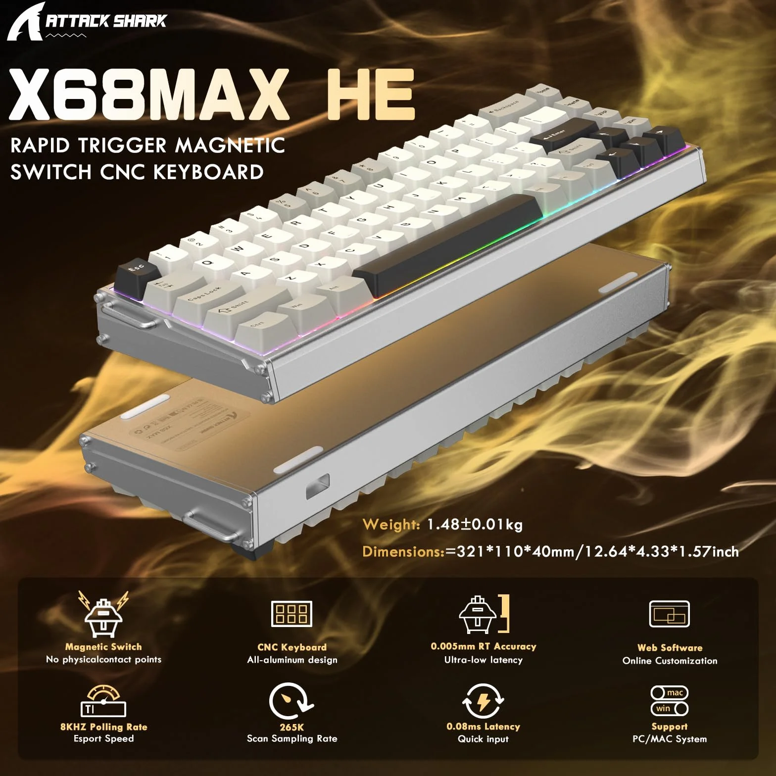 ATTACK SHARK X68MAX HE Pełny Aluminium CNC Klawiatura, 8KHz Rapid Trigger, 0.005mm Regulowalna Aktywacja Przewodowa RGB Gaming Klawiatura z Magnetycznym Przekłącznikiem, Snap Tap