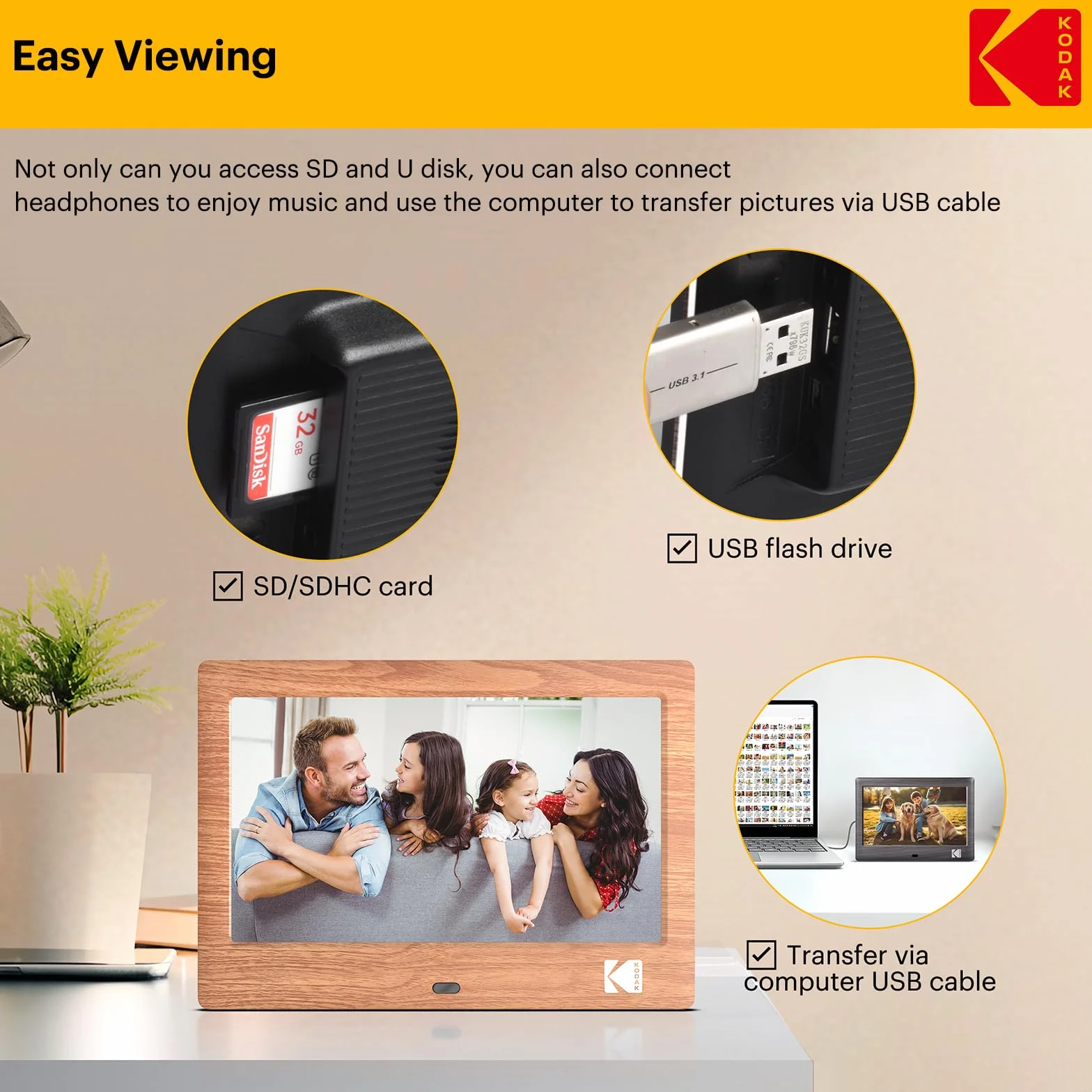 KODAK, cyfrowa ramka na zdjęcia 7", elektroniczna ramka na zdjęcia, ekran IPS, odtwarzacz zdjęć, muzyki, wideo, kalendarz, alarm, obsługa USB lub karty SD, automatycznie obracana, z pilotem zdalnego