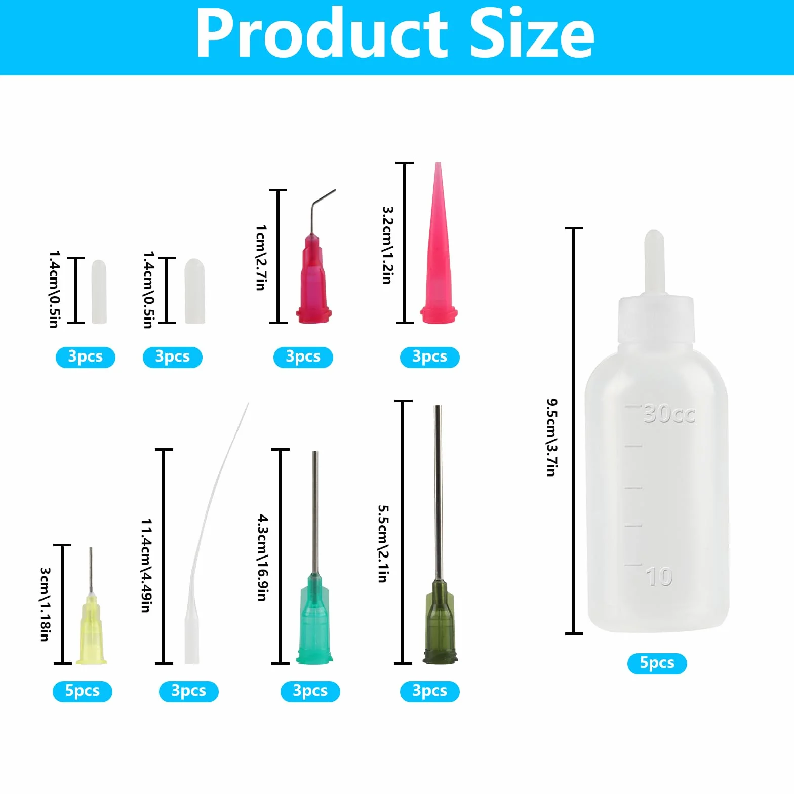 5 sztuk butelek z igłami 50 ml, aplikator, butelki dozujące, precyzyjne końcówki, aplikator, butelki z 17 igłami i nasadkami, do samodzielnego wykonania, kleju, butelka z klejem (30 ml)