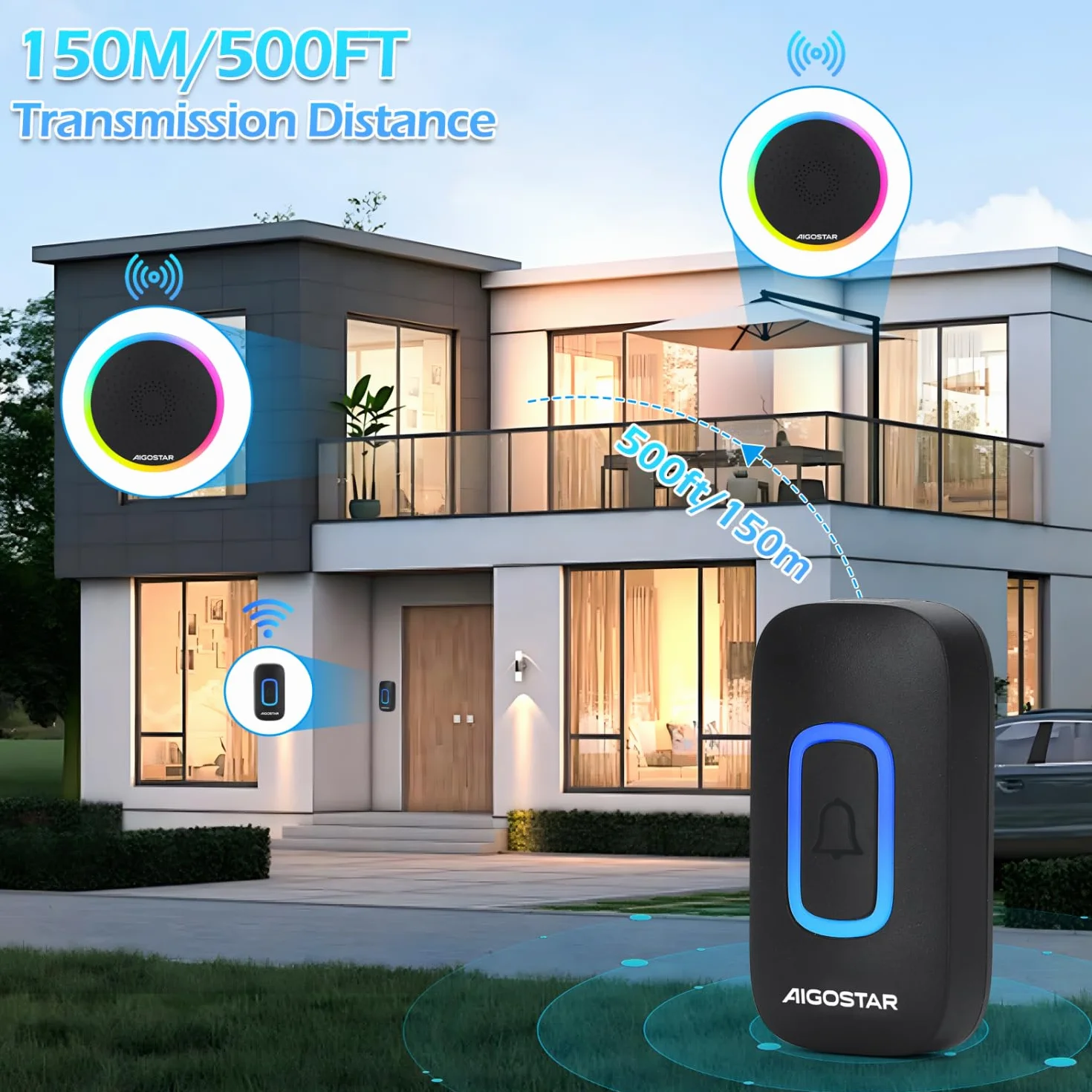 Aigostar Bezprzewodowy dzwonek RGB, wodoodporny, zewnętrzny bezprzewodowy dzwonek, IP55, 5 poziomów głośności (0-120 dB) i 60 melodii
