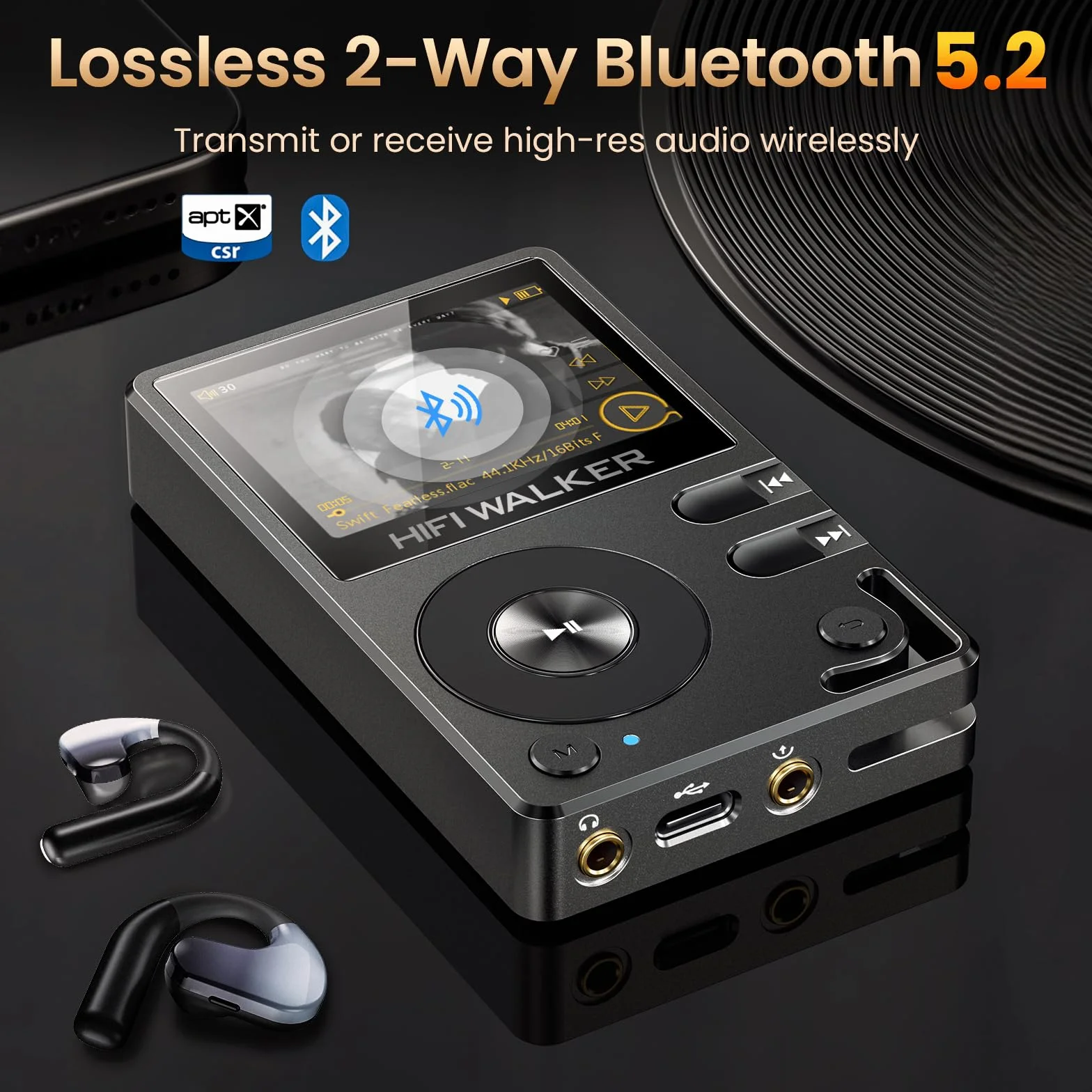 HIFI WALKER H2 Odtwarzacz MP3 z Bluetooth, DSD DAC, odtwarzacz Hi-Res FLAC, bezstratny odtwarzacz muzyczny, przenośny odtwarzacz audio z 64GB pamięcią, rozszerzalną do 256 GB