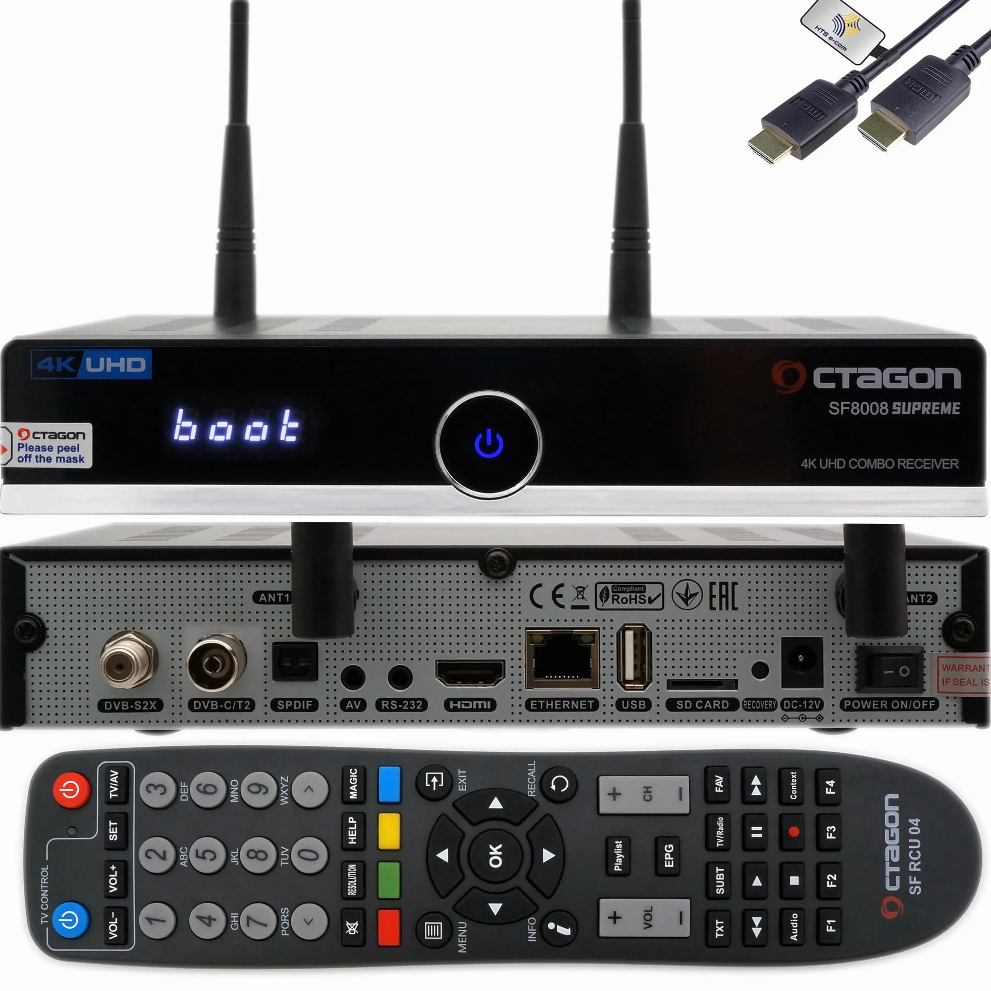Octagon SF8008 4K Combo Supreme V3 UHD E2 1 x DVB-S2X, 1 x DVB-C/DVB-T2, Linux PVR odbiornik satelitarny, 2.4/5G Dual-Band WiFi, 1 Gbit LAN, interfejs M.2, BT 5.1, pilot na podczerwień, kabel HTS