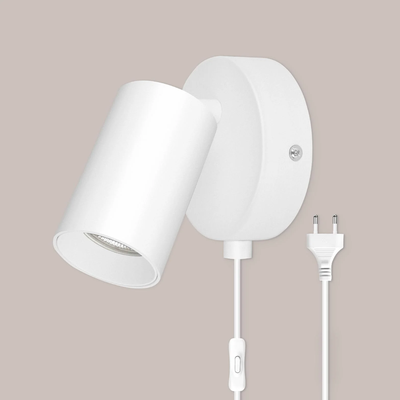 Lampa ścienna z przełącznikiem wewnętrznym GU10 – lampa ścienna z przełącznikiem i wtyczką, biała, reflektor ścienny w stylu vintage, obrotowy o 350°, do salonu, sypialni, korytarza, bez źródła