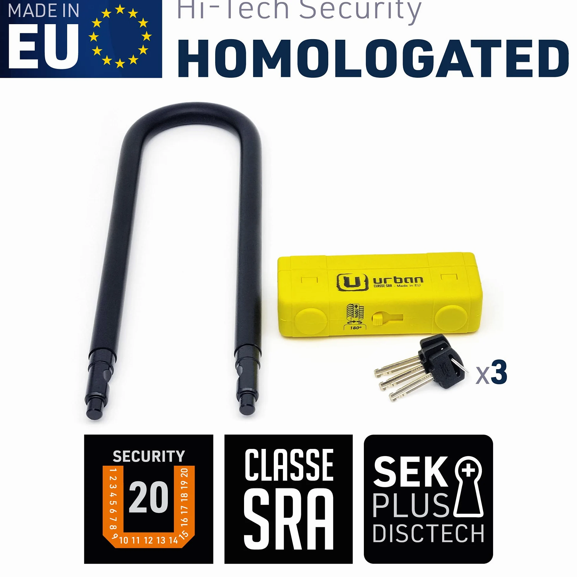 Urban Security UR85300Y zamek pałąkowy zabezpieczający przed kradzieżą, wysokie bezpieczeństwo, homologacja, podwójna blokada ø18, wyprodukowano w UE, 85 x 300 cm