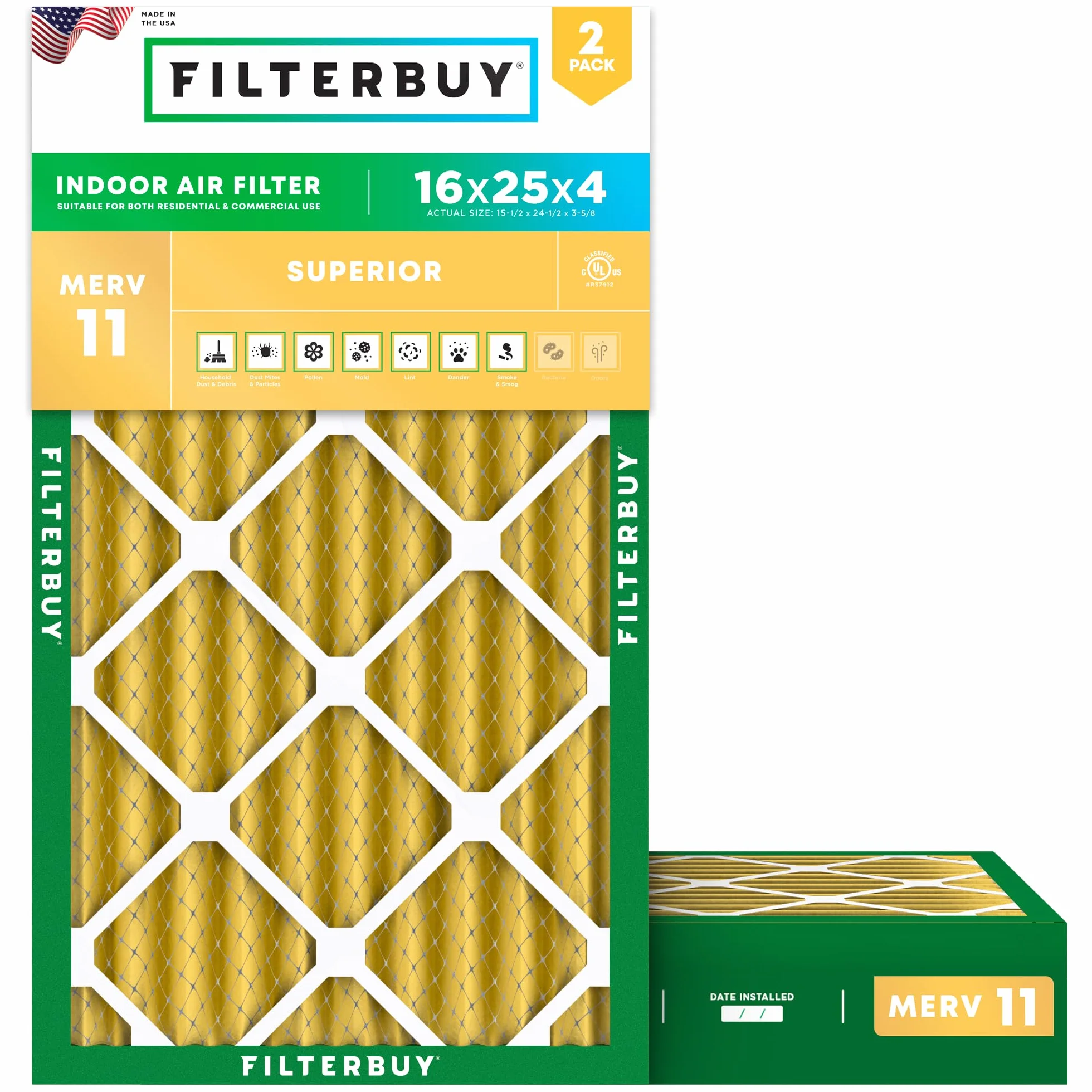 Filterbuy Filtr powietrza 16 x 25 x 4 MERV 11 Pet & Allergy Defense (2-pak) | Elektrostatyczne plisowane filtry HVAC AC do pieca, wyprodukowano w USA (rzeczywisty rozmiar: 15,50 x 24,50 x 3,63)