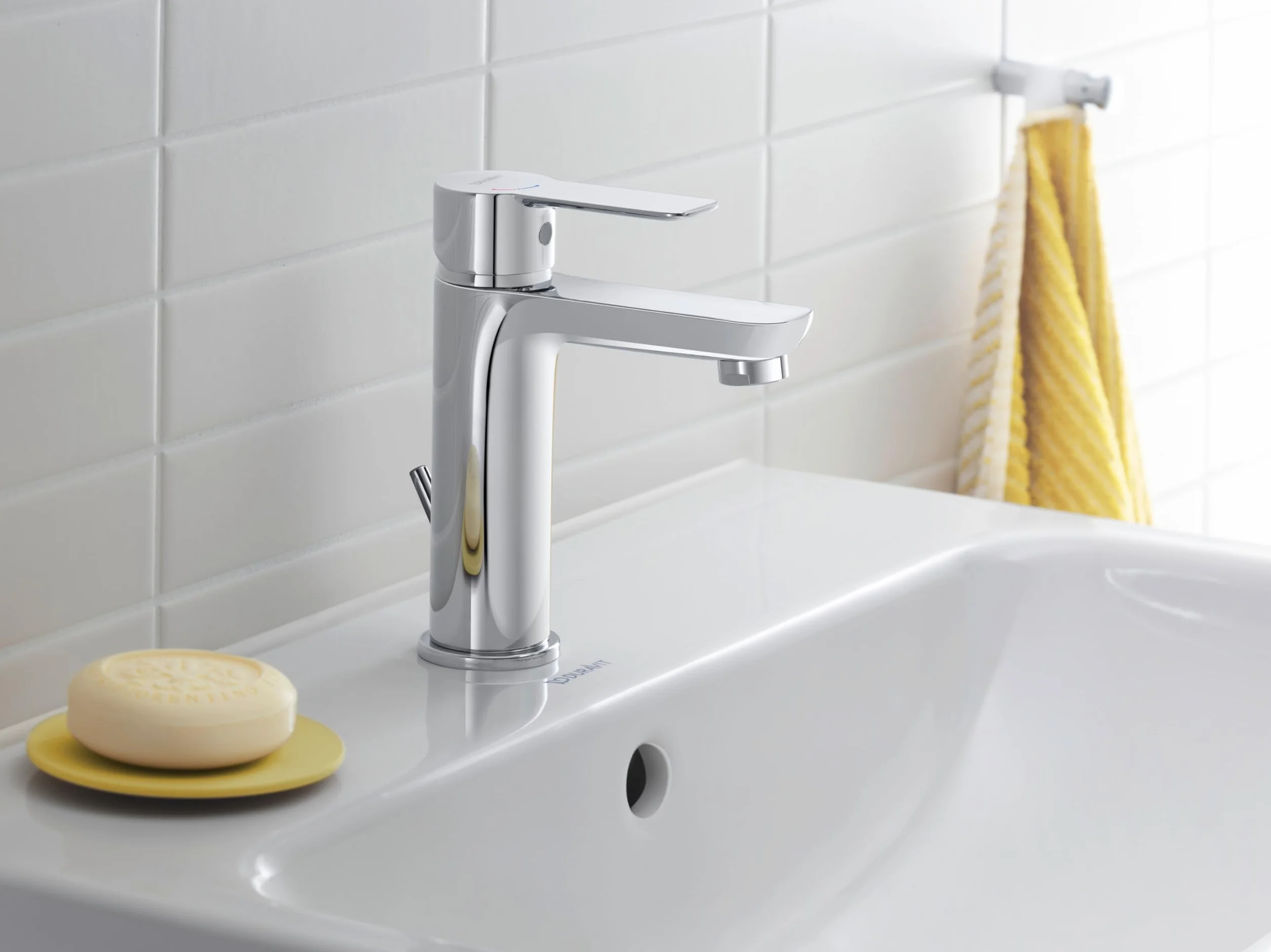 Duravit Bateria umywalkowa D-Code, rozmiar M (wysokość wylewki 167 mm), energooszczędna bateria umywalkowa (FreshStart), oszczędzający wodę kran łazienkowy (MinusFlow), z zestawem odpływowym z