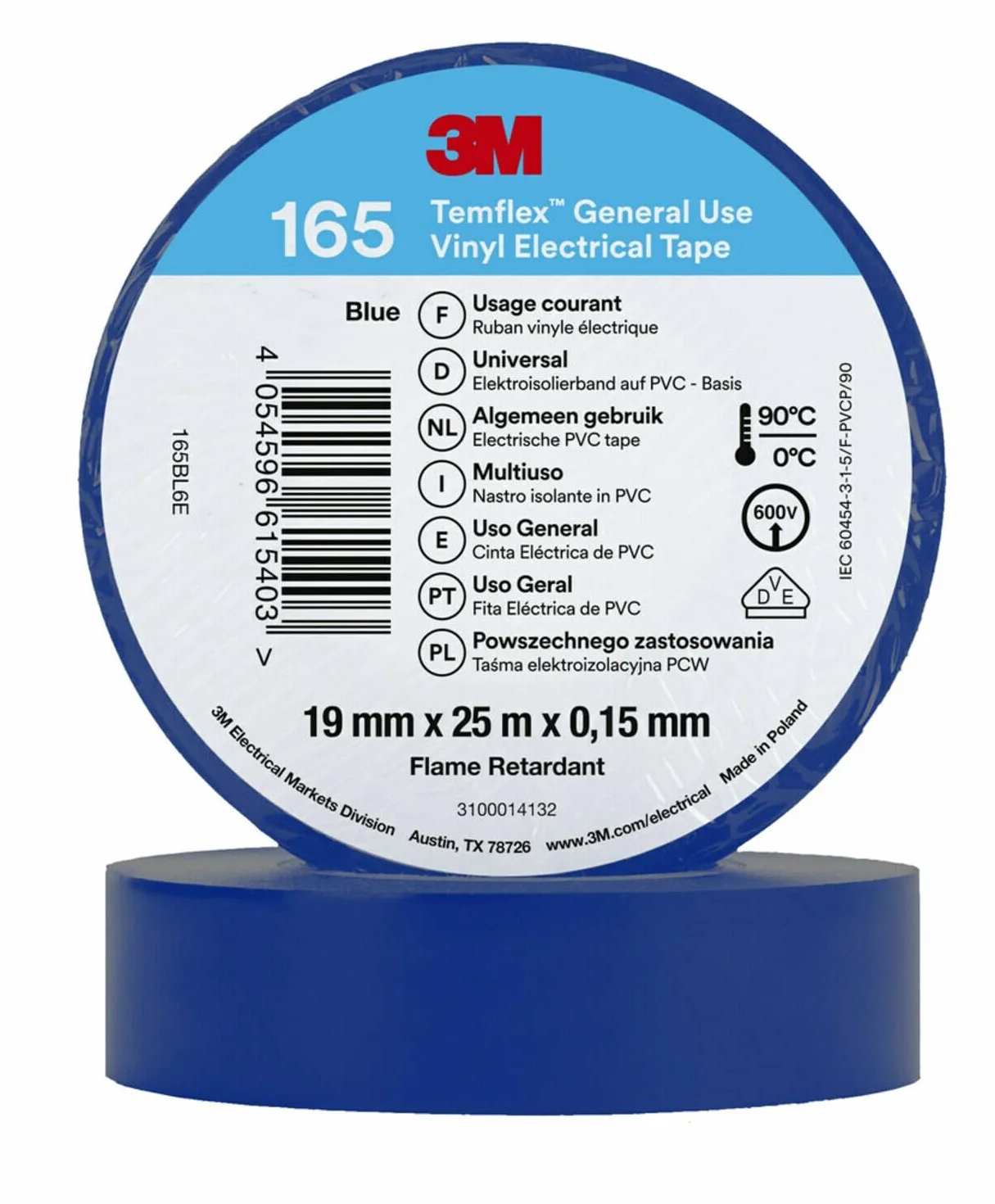 3M 165Wh6E Taśma Winylowa, Biały, 19 mm x 25 m