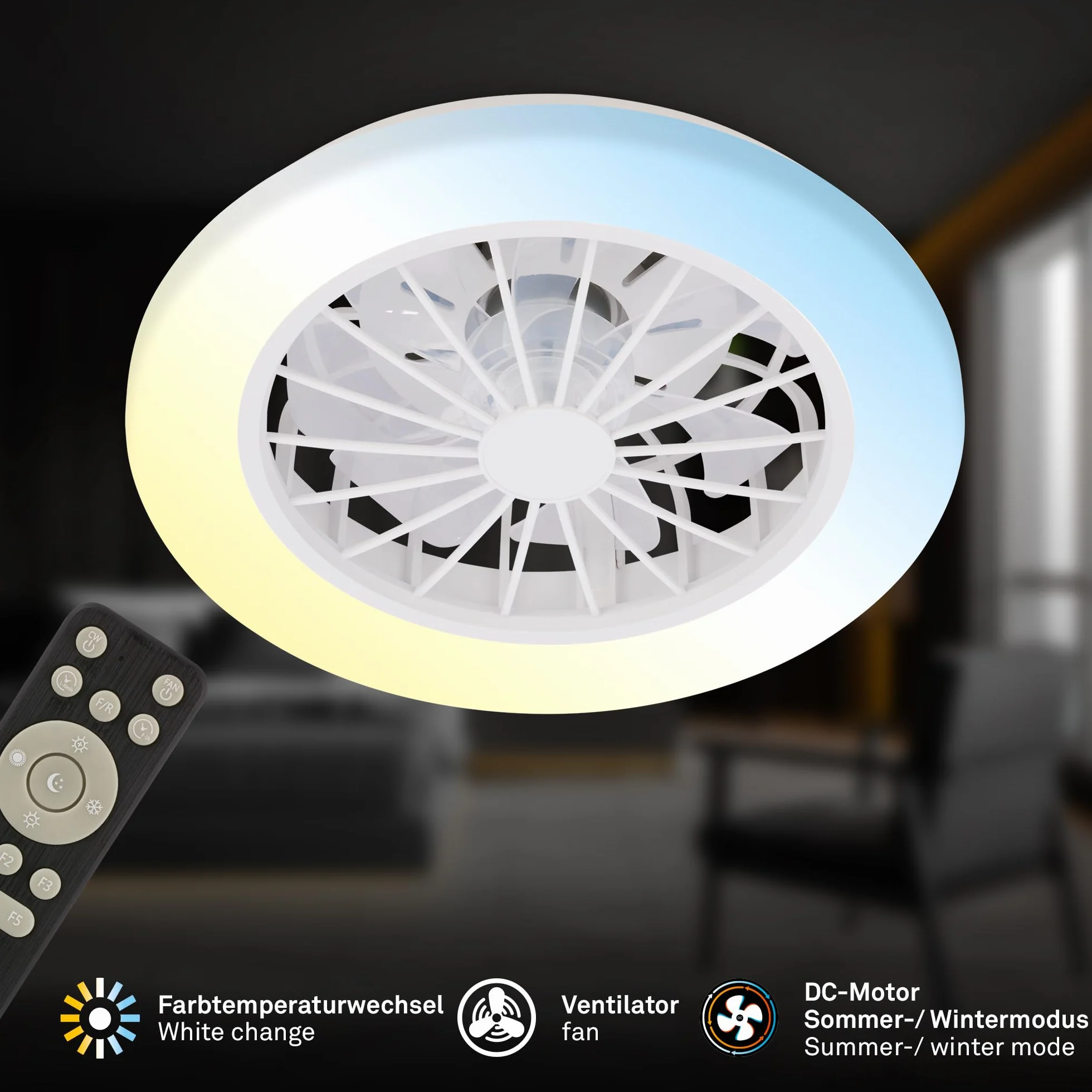 BRILONER - Lampa sufitowa z wentylatorem LED CCT, 24 W i 2600 lm, 5 prędkości, regulowana temperatura barwowa 3000–6500 K, pilot, ściemnianie, timer, tryb lato/zima, 38 x 14 cm, biała