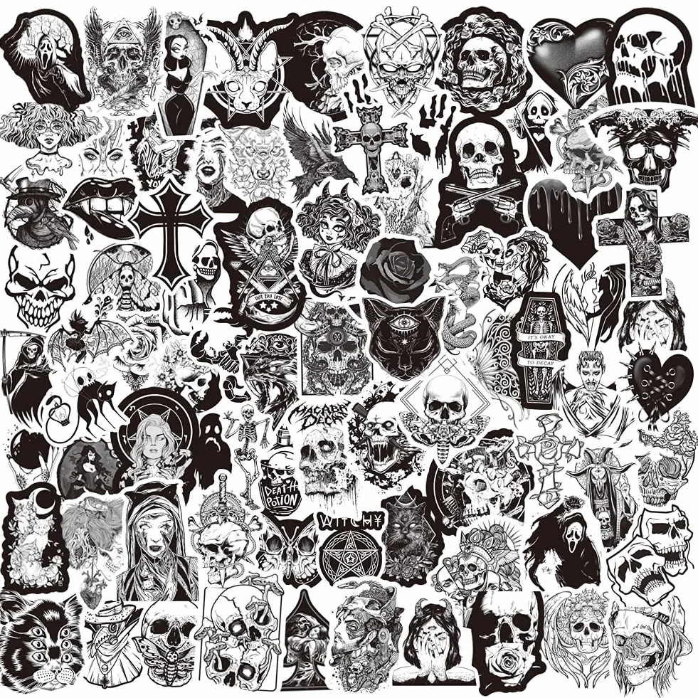 Zestaw czarno-białych naklejek, 100 sztuk, graffiti, trupia czaszka, gotyckie naklejki w stylu vintage, wodoodporne, winylowe, punkowe, naklejki na laptopa, rower, motocykl, deskorolkę, walizkę,