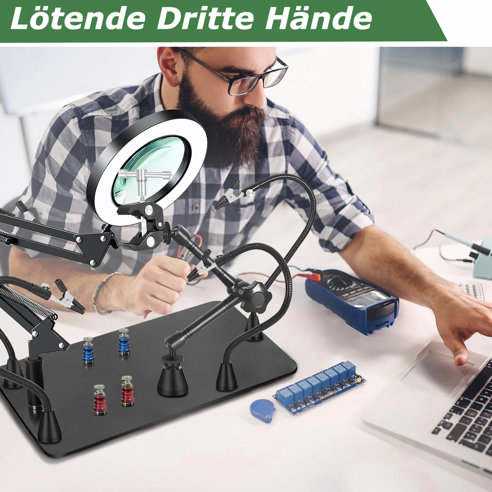 Stacja lutownicza z trzecią ręką, magnetyczna pomoc do lutowania, 10 x lupa, 4 kolumny PCB, 4 elastyczne ramiona i 1 mechaniczny uchwyt, pomoc lutownicza