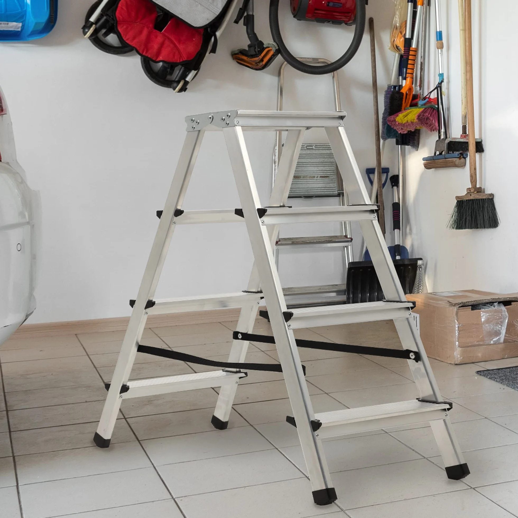 KADAX Drabina aluminiowa składana 4-stopniowa, antypoślizgowe stopki, udźwig do 125 kg, do wnętrz i na zewnątrz, stabilna i bezpieczna